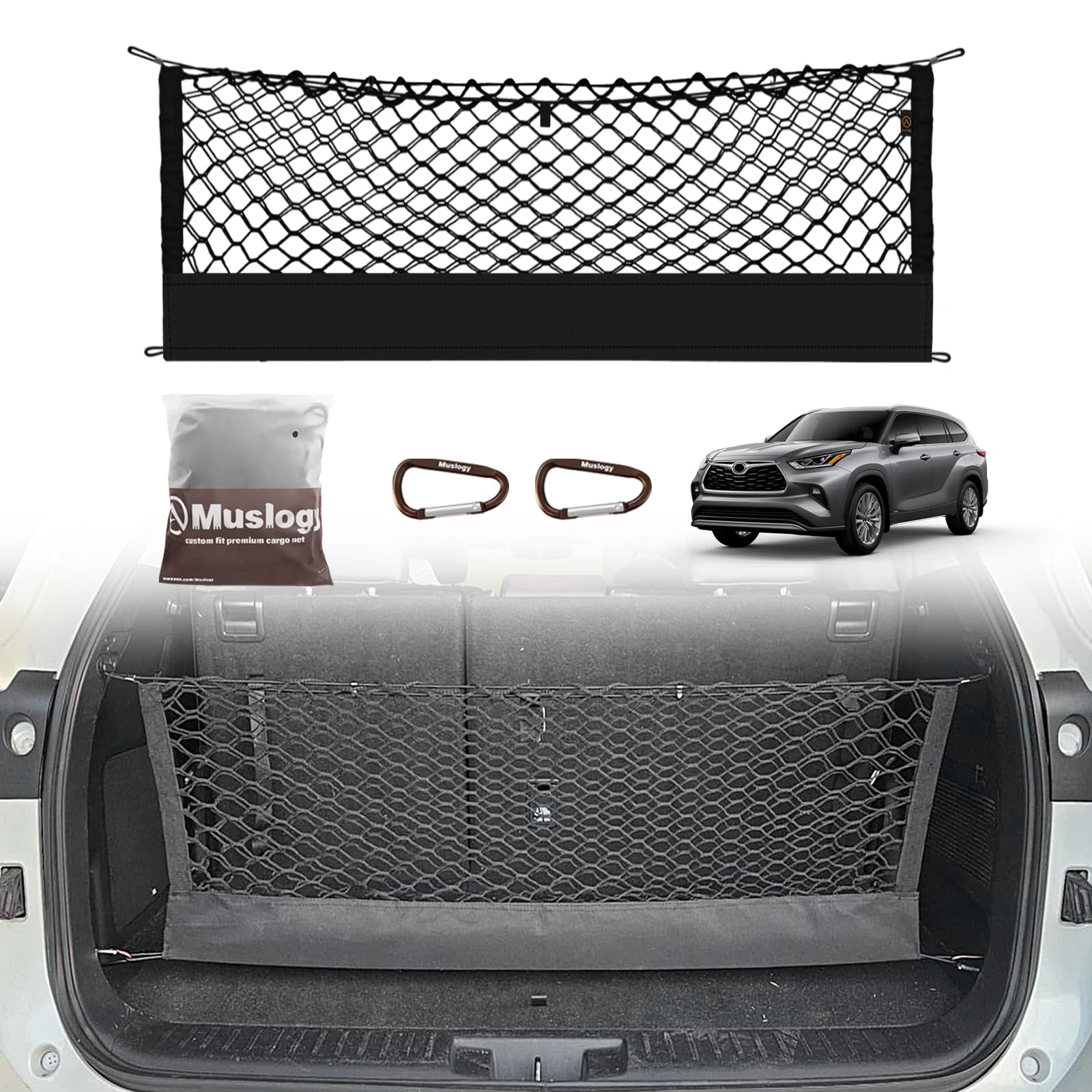 Muslogy Envelope Style Trunk Cargo Net Compatible With 2014-2025 Toyota Highlander Accessories Custom Fit Trunk Organizer Upgrad