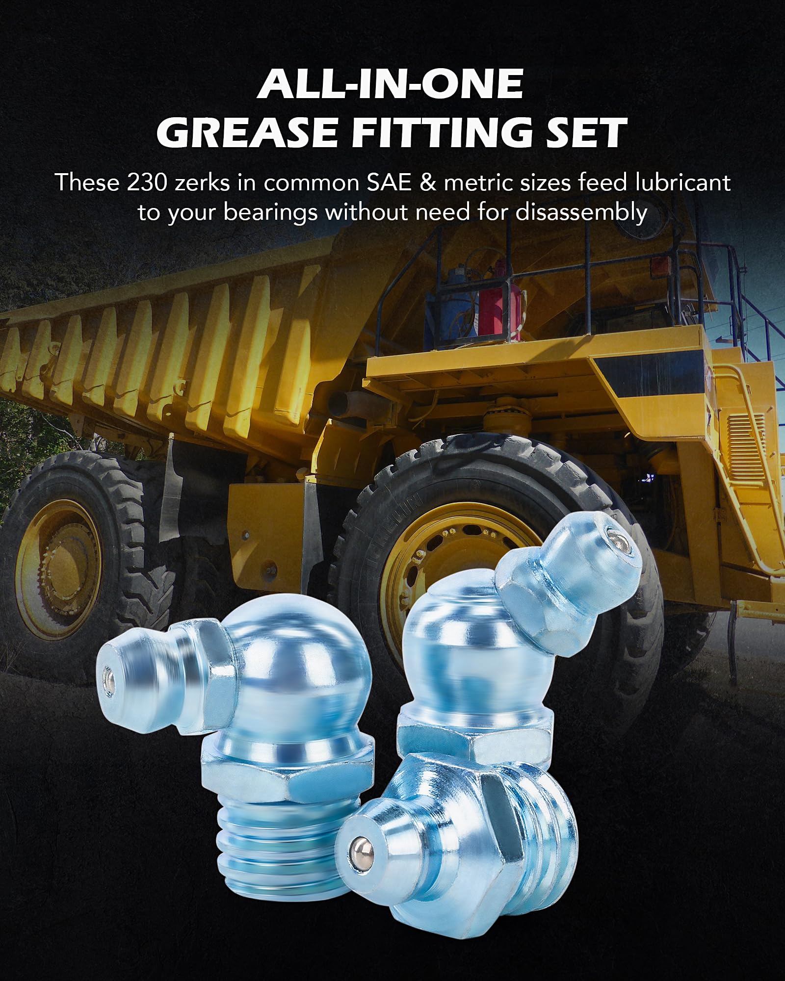 Zelcan 230Pc Sae & Metric Grease Fittings Kit Hydraulic Grease Zerk Assortment: 1/4'' 1/8'' M6 M10 Straight 45 90 Degree Zerks G