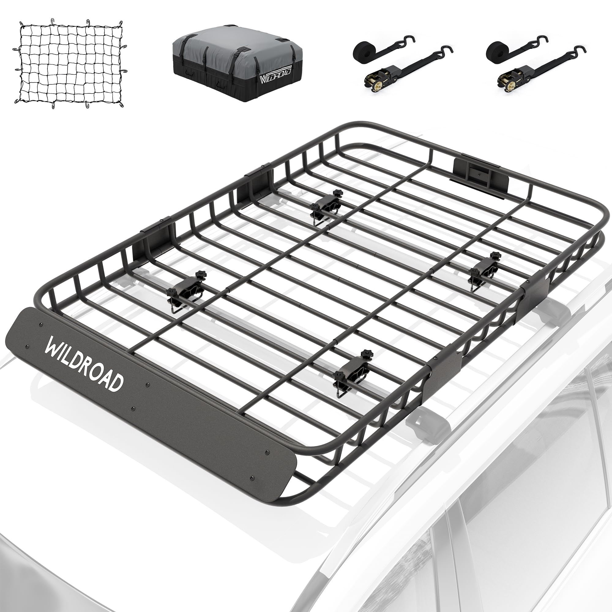 Wildroad Car Roof Cargo Basket Combo Of Upgraded 64''X 39''X 4'' Roof Rack Cargo Basket With 21 Cubic Ft Waterproof Cargo Bag, C