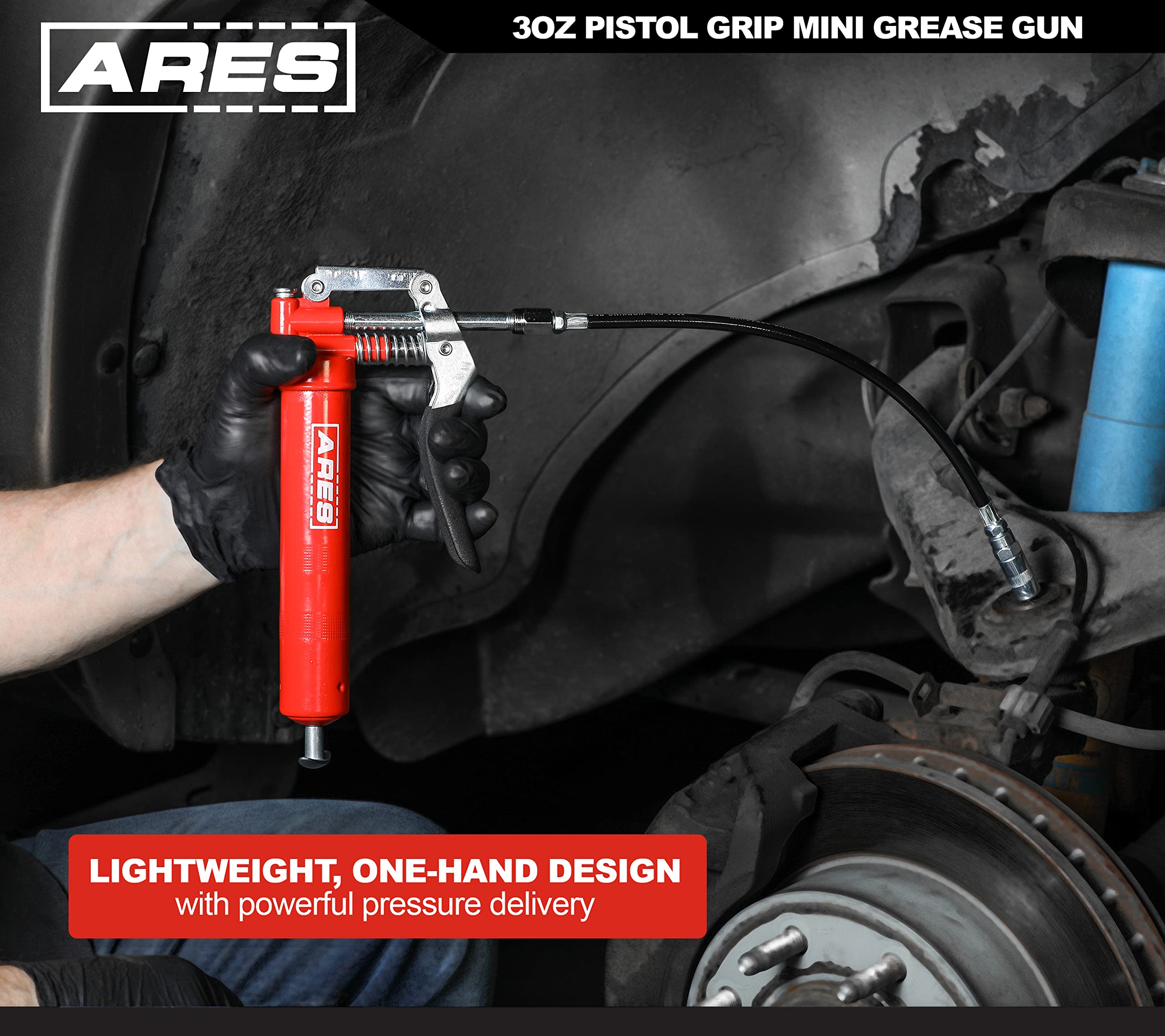 Ares 53011 - 3Oz Pistol Grip Mini Grease Gun - Includes 12-Inch Flex Hose And 4-Inch And 6-Inch Straight Extensions - 3000 Psi W