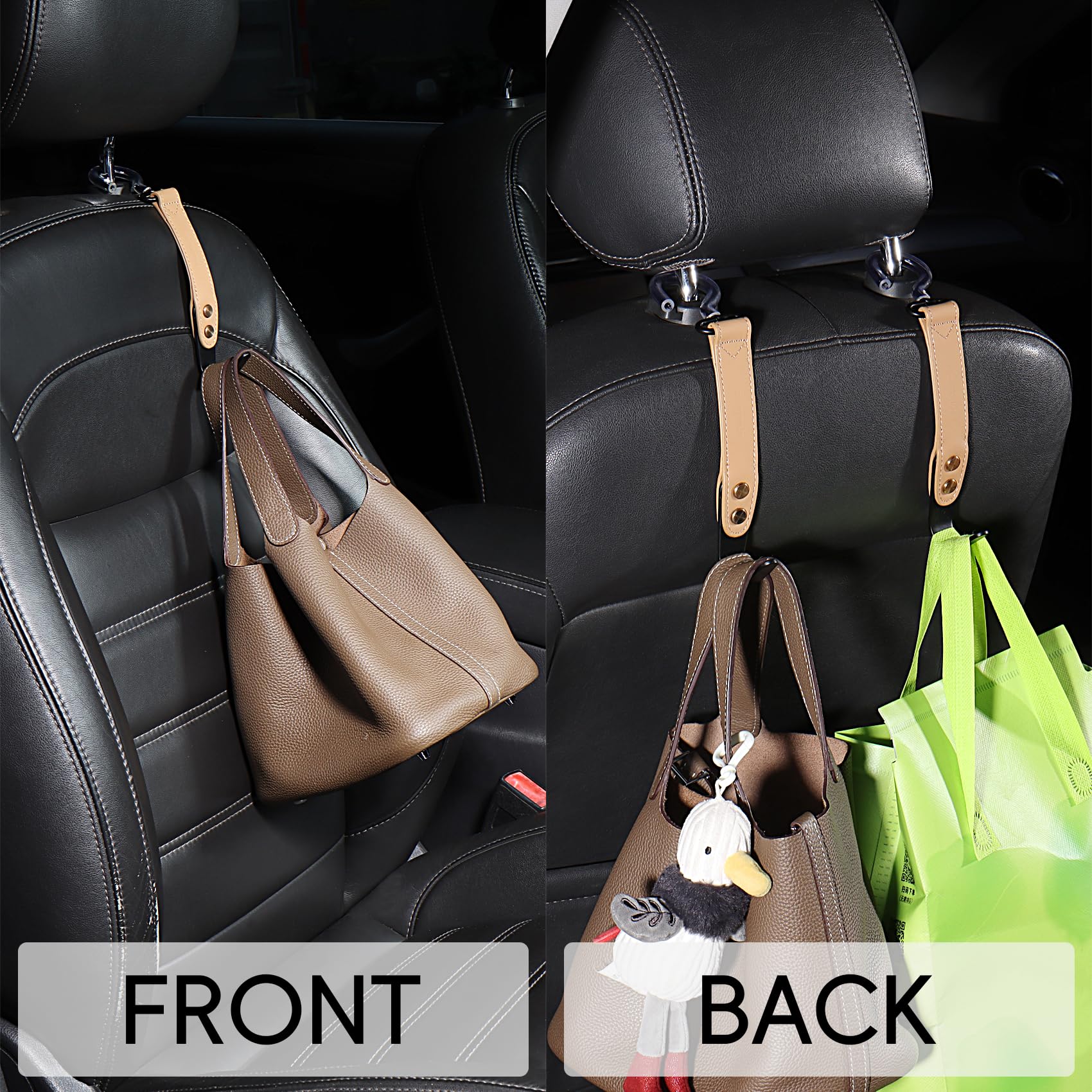 Compuda 2-Pack Car Hook Holder - Leather Headrest Hooks For Purses & Bags, Sus304 (Light Brown)
