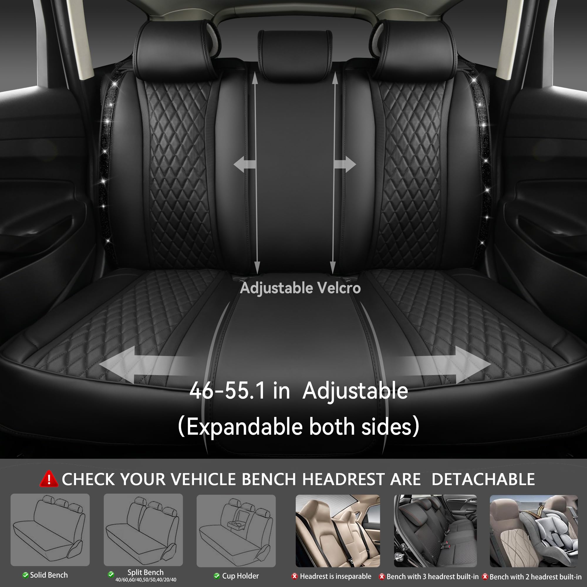 Car Pass Bling Diamond Back Seat Covers, Nappa Leather Rear Seat Bench Cushion Waterproof Breathable Back Row Protector Universa