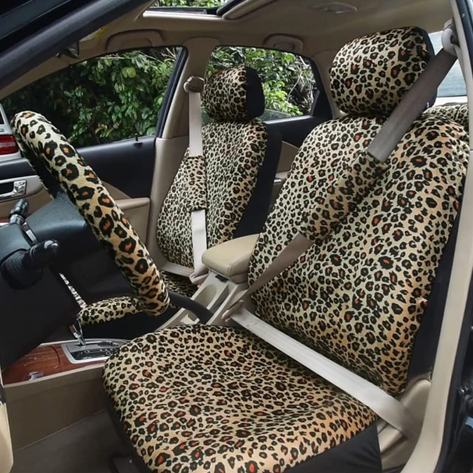 Autofan Leopard Car Seat Covers Full Set With Steering Wheel Cover 2 Seat Belt Pads, Cheetah Print Seat Covers For Cars For Wome