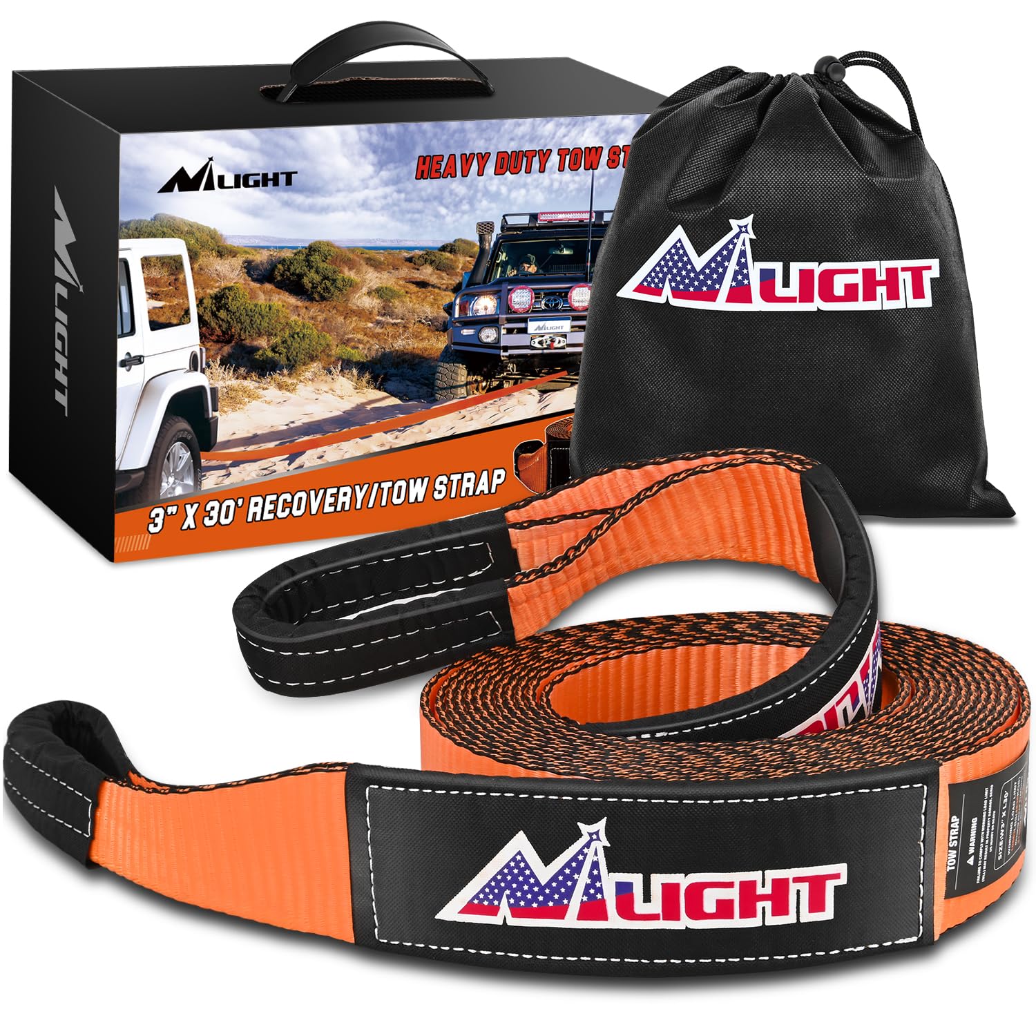 Nilight 3'' x 30' Recovery Tow Strap Lab Tested 31,500lbs Break Strength Heavy Duty Off Road Straps with Triple Reinforced Loop 