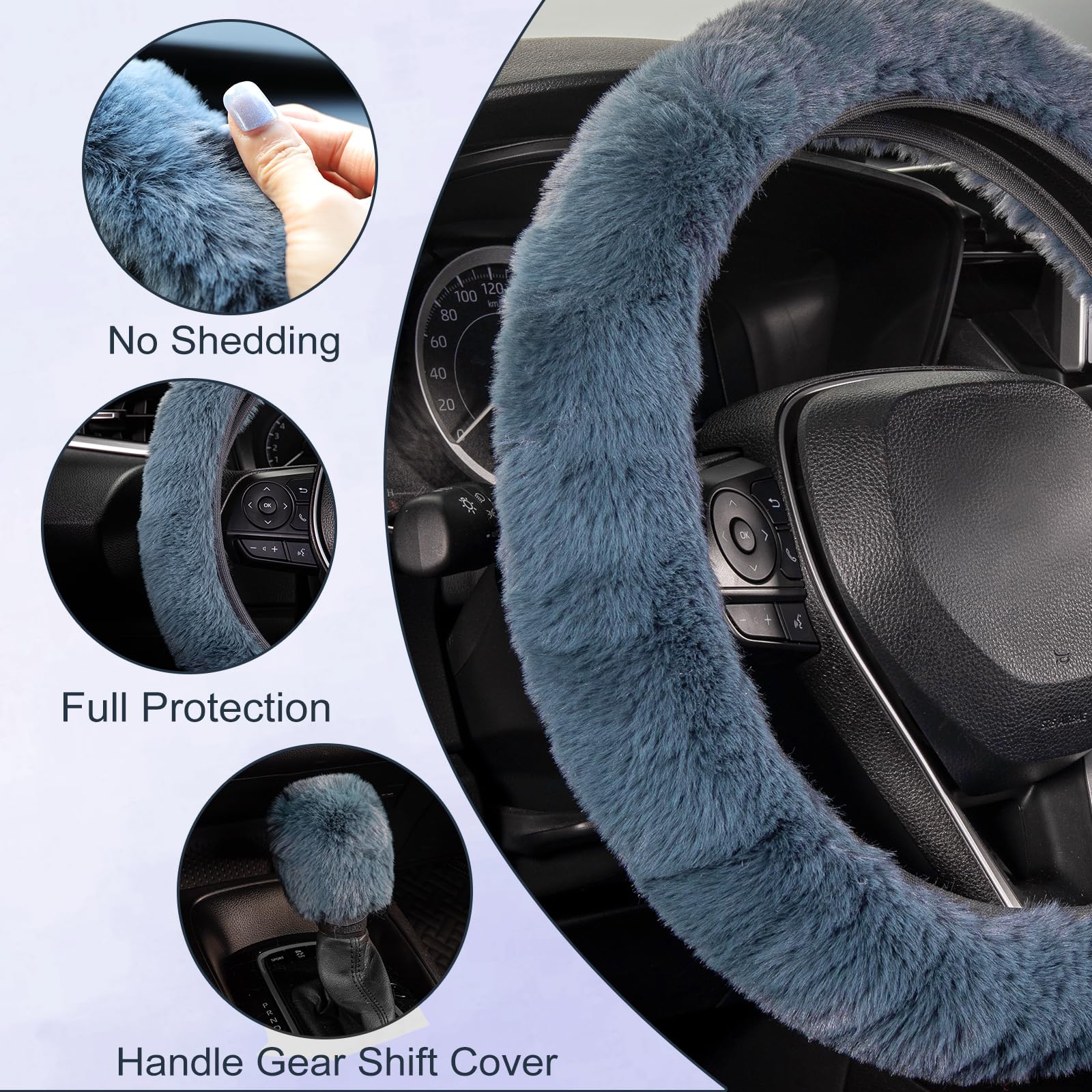 Seg Direct Furry Car Steering Wheel Cover With Fluffy Gear Shift Cover Soft Warm Non-Slip Car Decoration For Men Women Girls 2 P