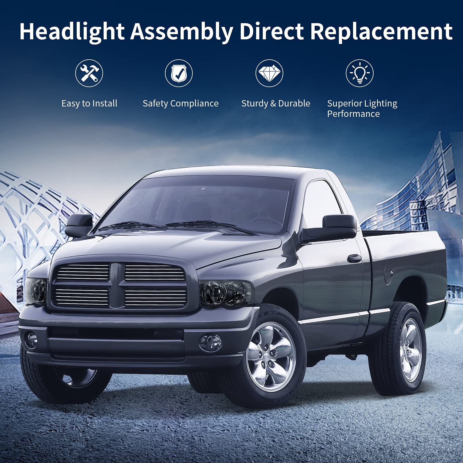 Autosaver88 Headlight Assembly Compatible With 2002-2005 Dodge Ram Pickup Truck Oe Style Replacement Headlamps Smoked Cover With Clear Reflector Lens