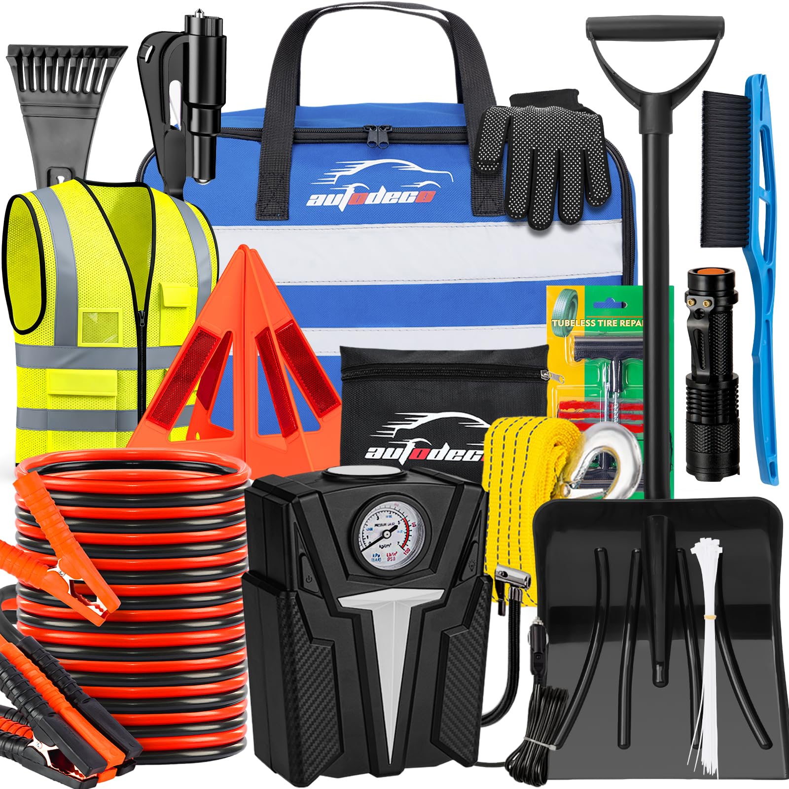 AUTODDECO Roadside Emergency Car Kit Winter Road Trip Assistance Vehicle Safety Kit with Air Comperss, Detachable Snow Shovel, J
