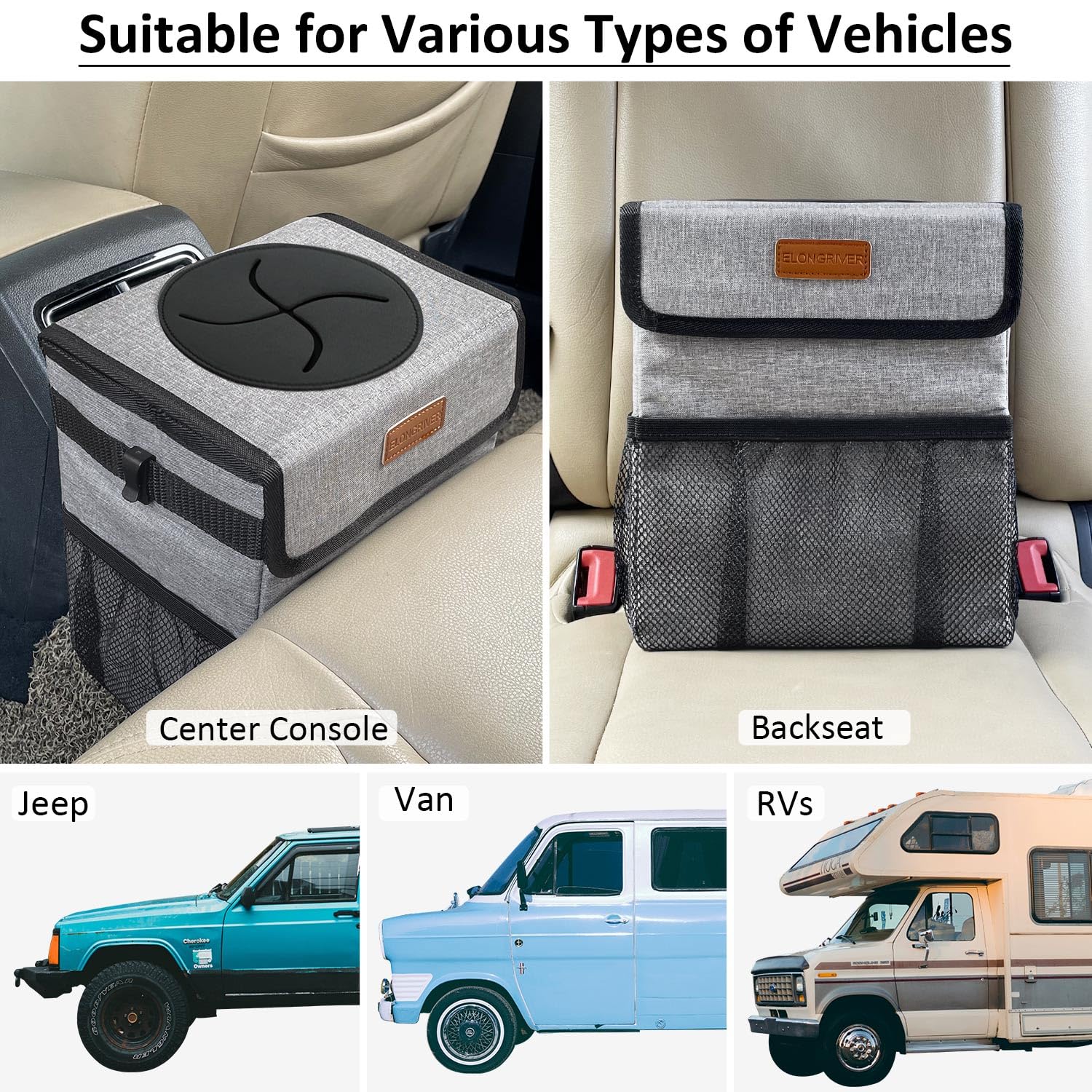 Elongriver Car Trash Can For Car With Lid Leak Proof, Cute Car Can Trash Bag Hanging, Vehicle Trash Can For Suv Truck Van, Car G