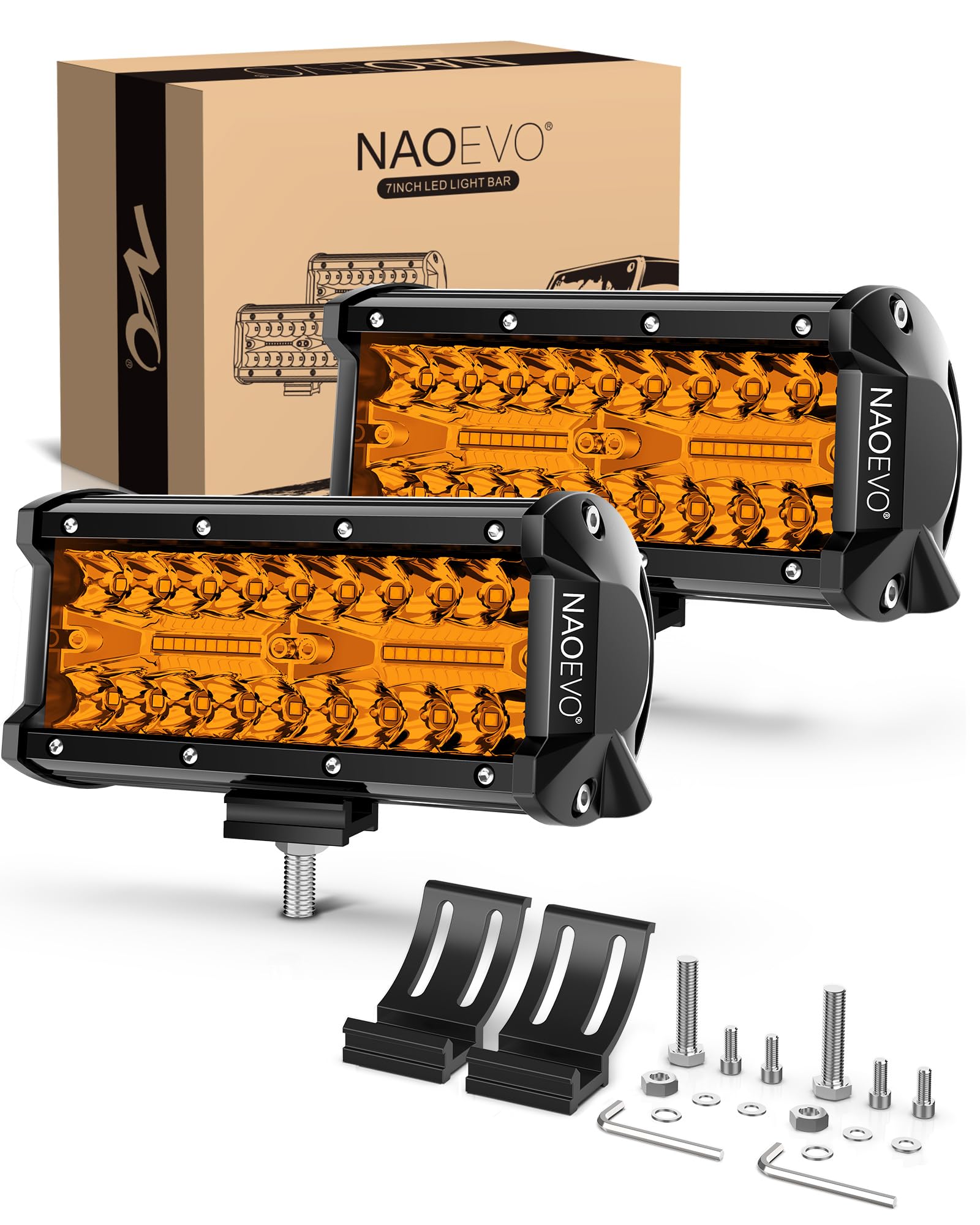 Naoevo 7 Inch Amber Led Light Bar, 240W 24,000Lm Offroad Fog/Driving Lights With Spot Flood Combo, Led Pods For Truck Boat Utv A