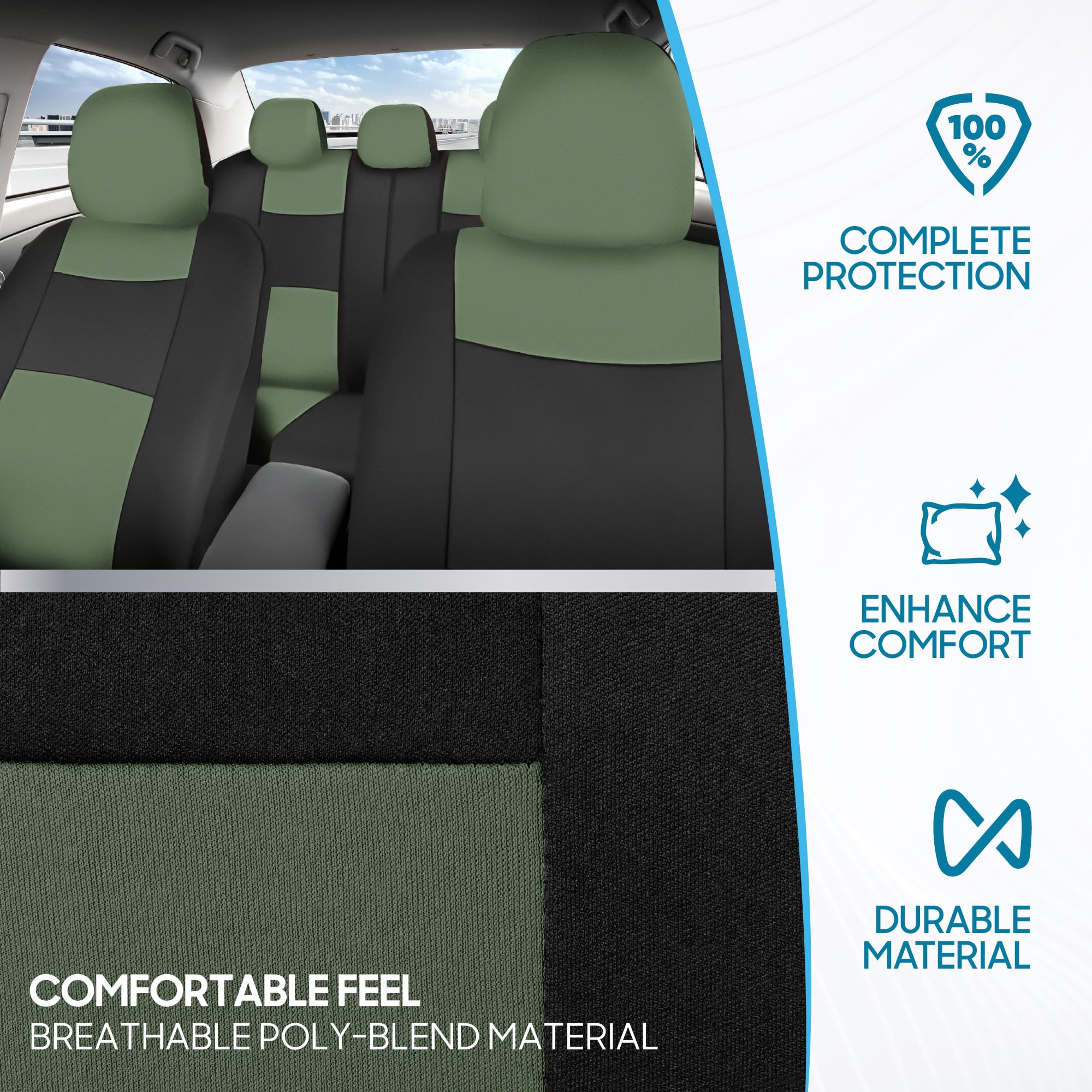 BDK PolyPro Car Seat Covers Full Set in Green on Black, Front and Rear Split Bench Seat Covers for Cars, Easy to Install Car Sea