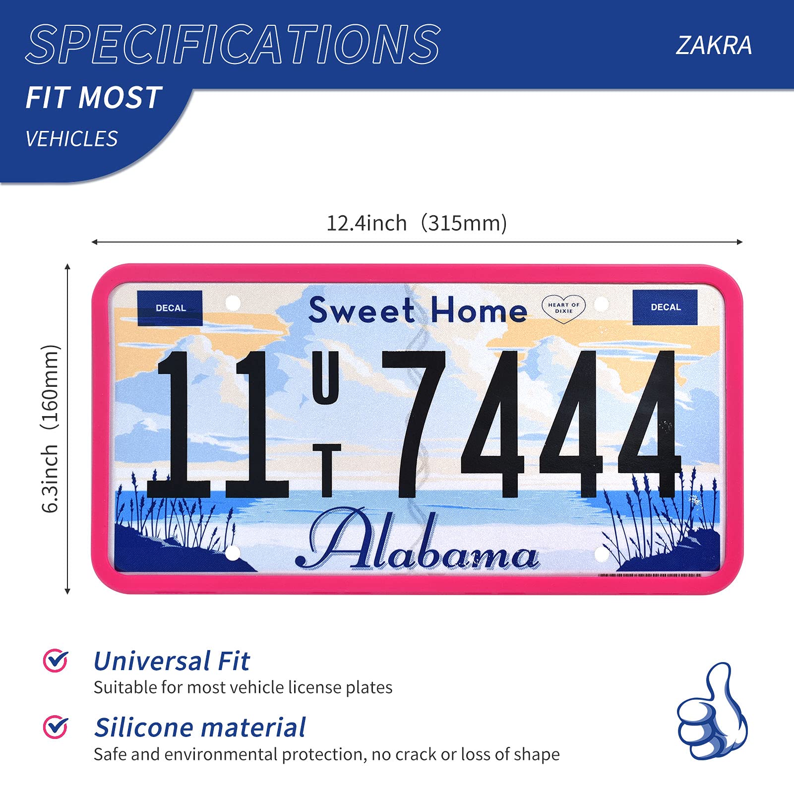 ZAKRA Silicone License Plate Frames, 2 Pack, Rust-Proof, Weather-Proof, Hotpink, Model FRAMES-HOTPINK