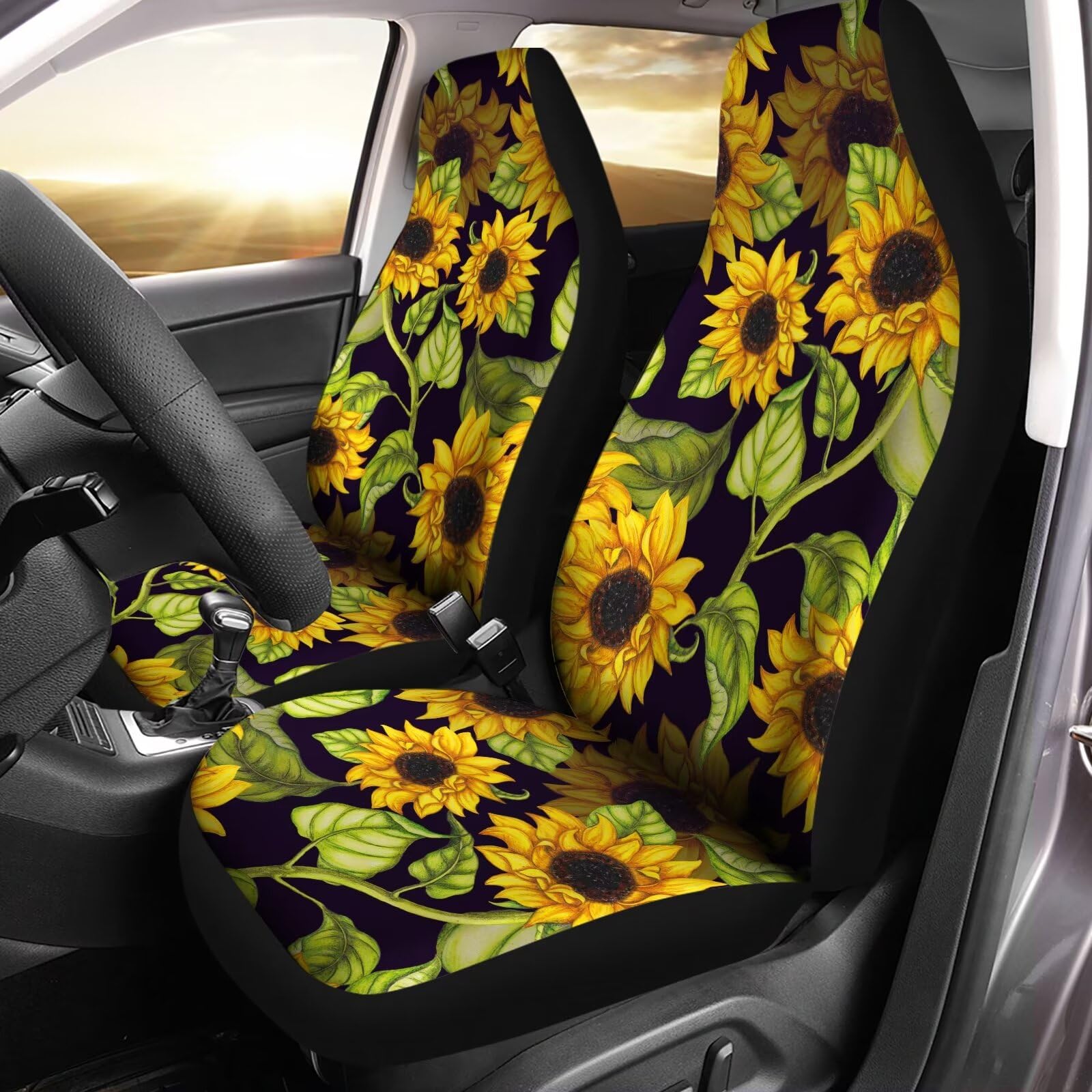 Bulopur Sunflowers Yellow Print Universal Front Seat Cover Set of 2, Washable Soft Thin Driver Seat Protector for Auto Sedan SUV