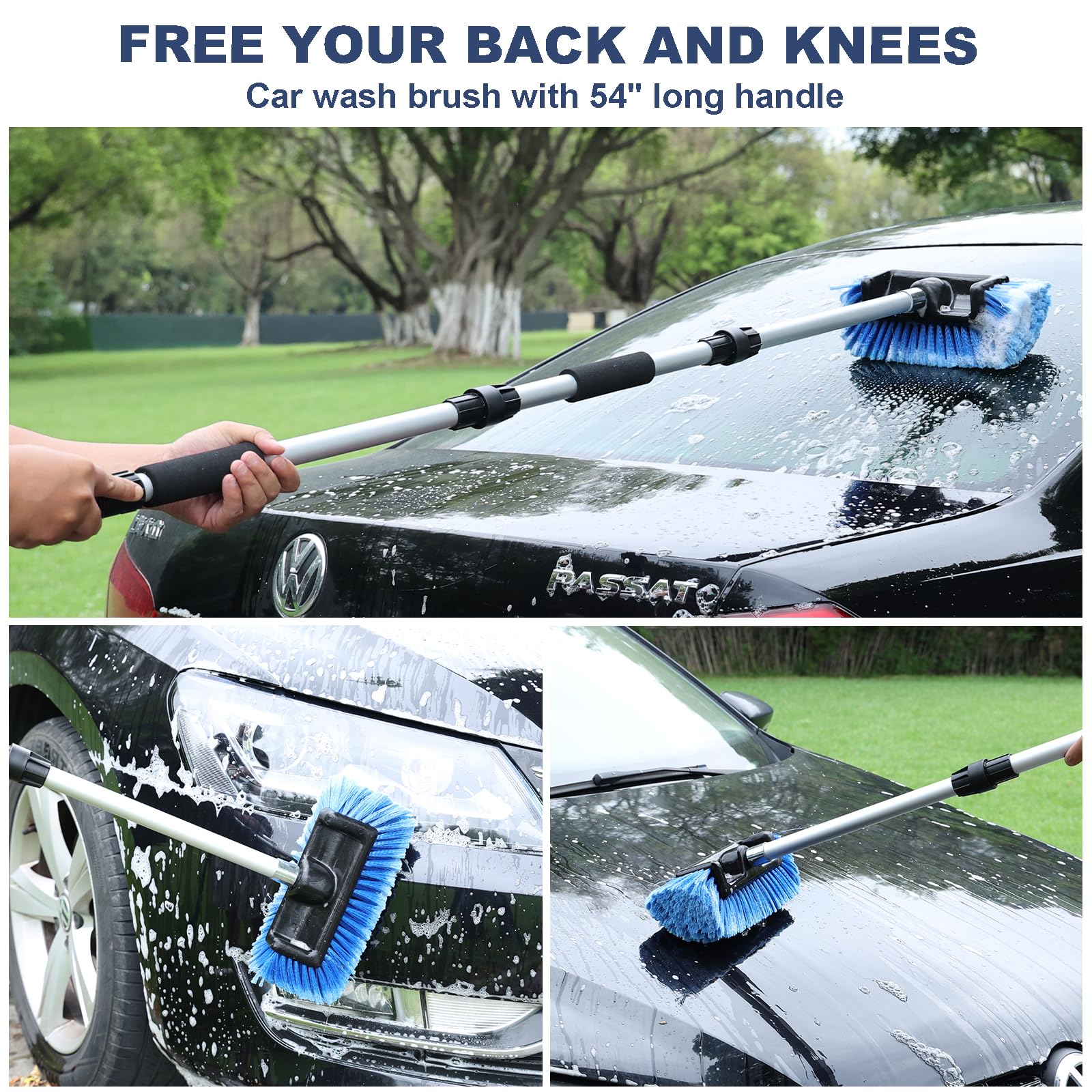 Navapal 54'' Flow-Thru Car Wash Brush With Long Handle, Soft Bristle Car Washing Brush With Extendable Handle And Hose Attachmen