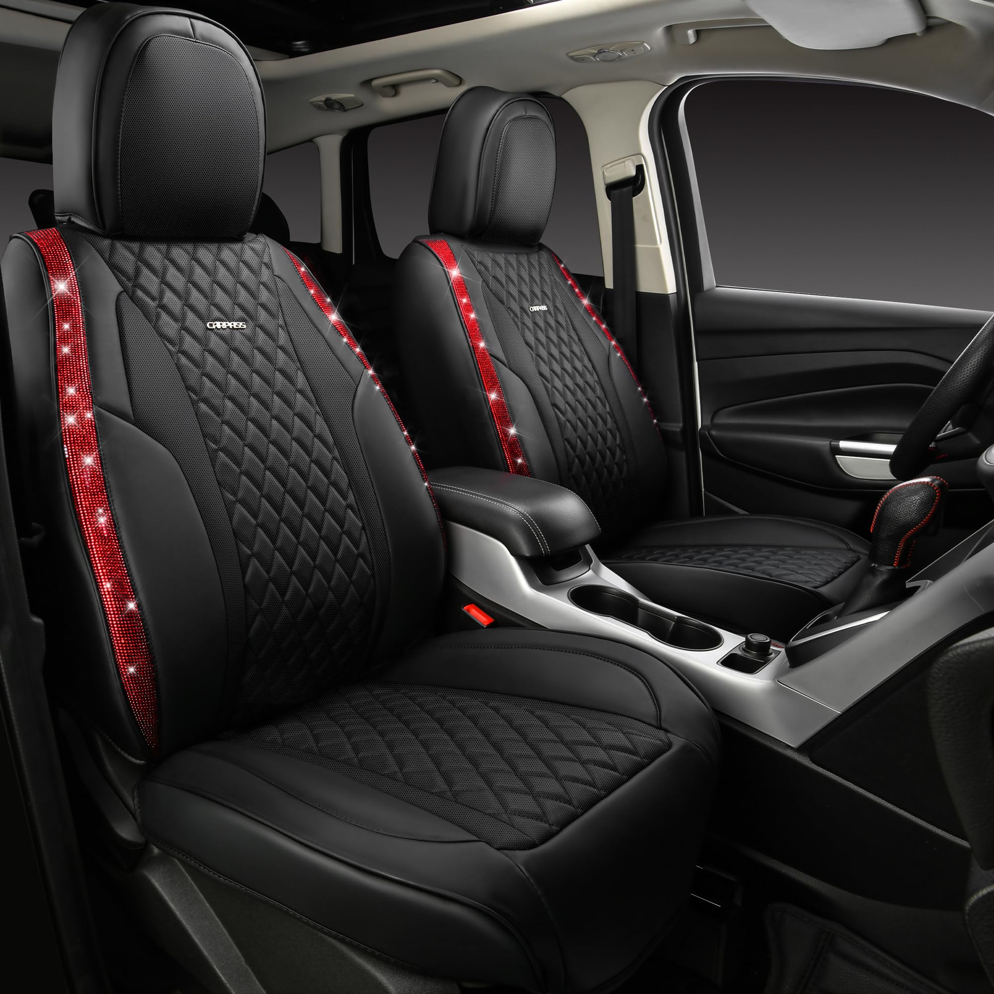 Car Pass Nappa Leather Bling Diamond Black Red Seat Covers Full Set, Waterproof Calfskin Heavy-Duty Anti-Slip, Universal Fit For