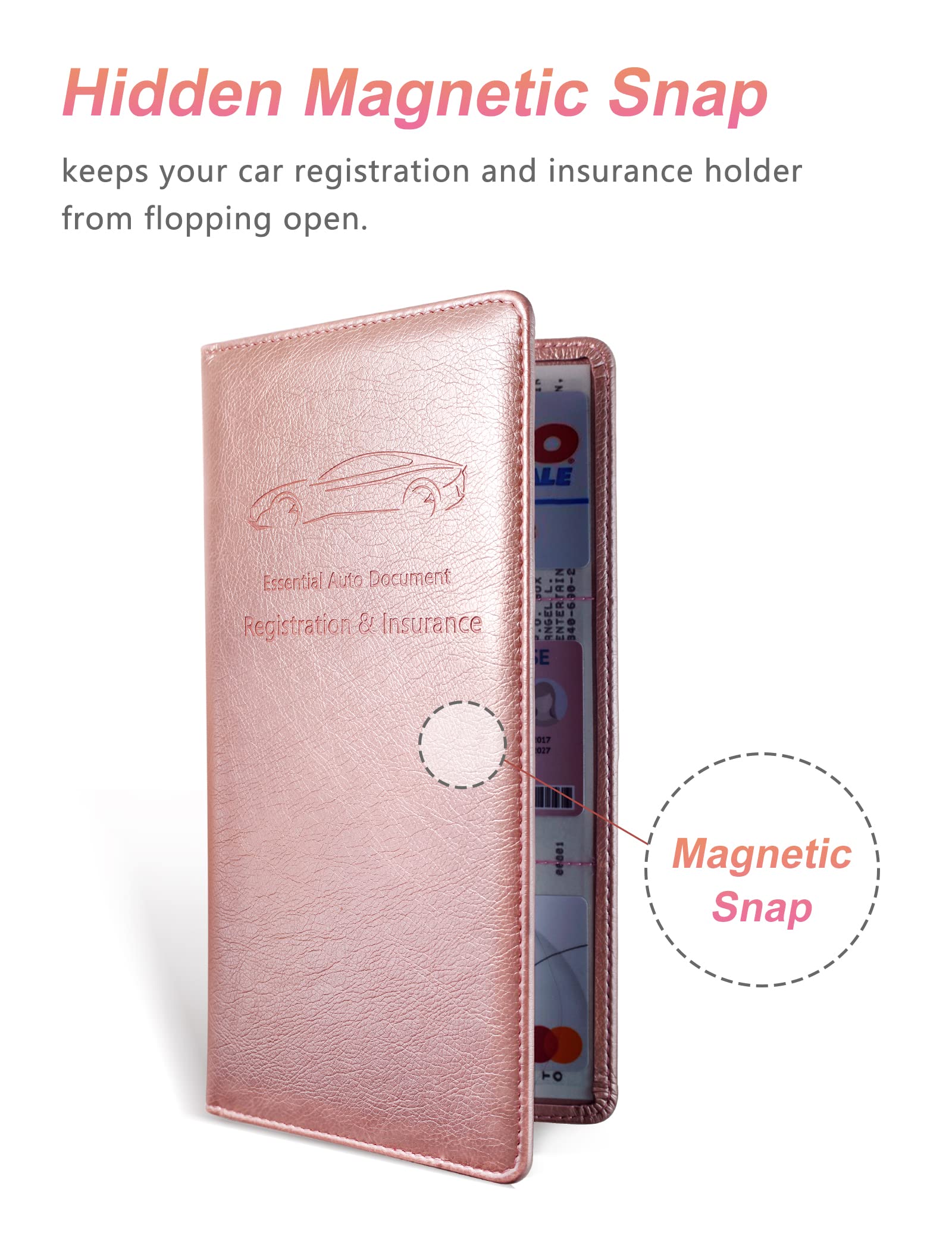Yarnic Car Registration And Insurance Holder, Car Document Holder With Magnetic Closure, Car Accessories Wallet For Driver License, Cards And Other Essential Documents (Rose Gold)