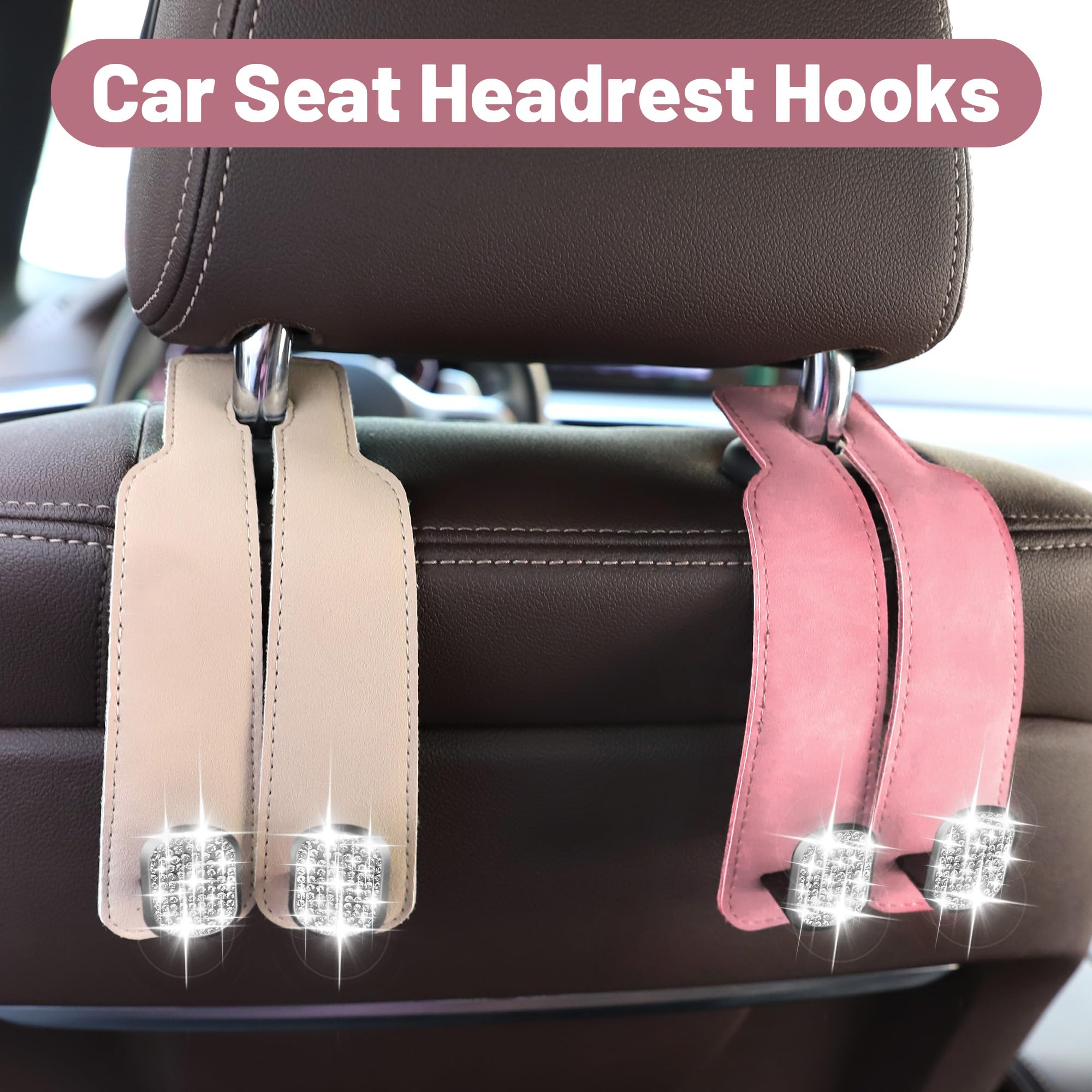 Amelity Car Seat Hooks for Headrest, Purse Hook for Car, Car Hooks for Purses and Bags, Bling Pink Car Accessories for Women (2