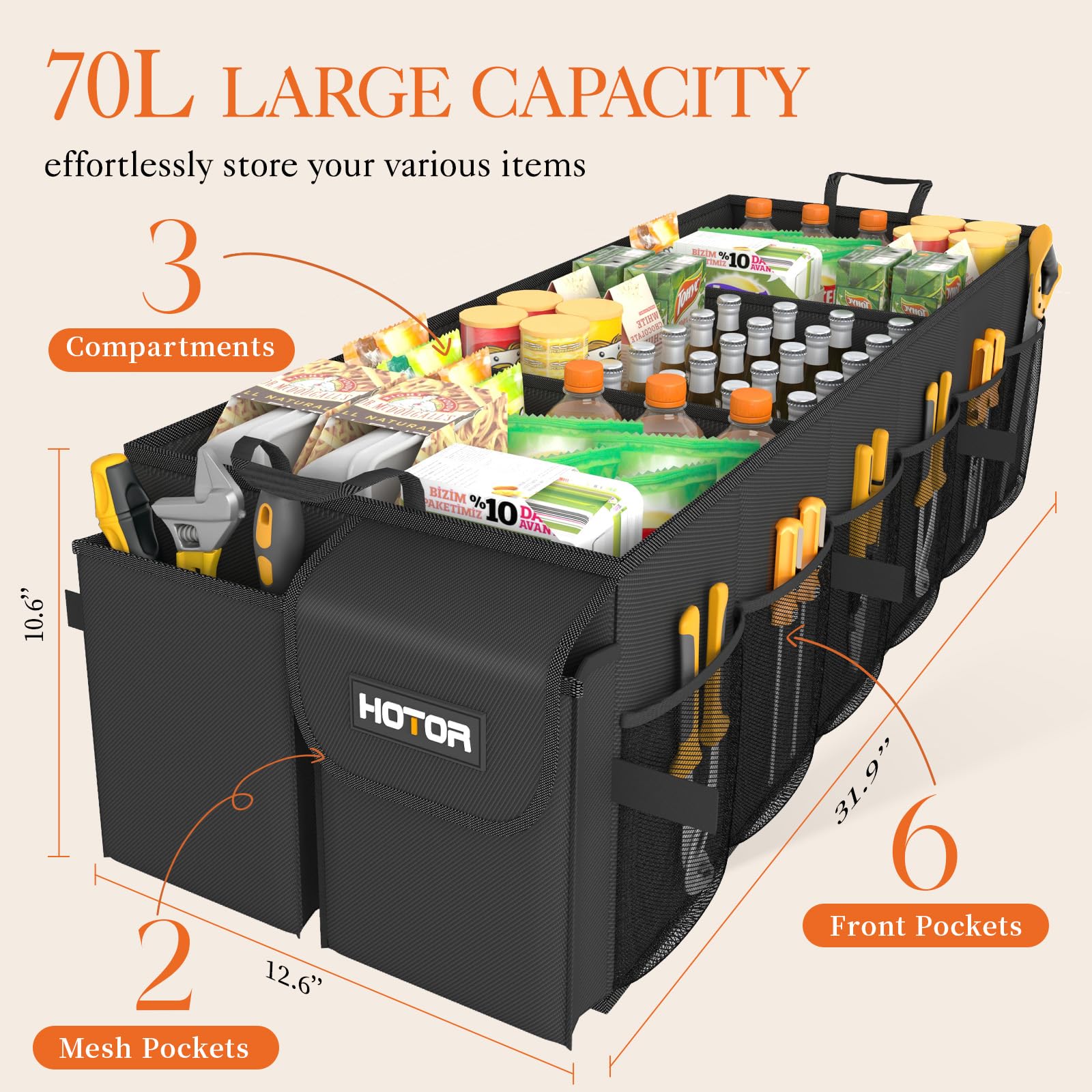 Hotor Foldable Trunk Organizer - Suv & Sedan Compatible, 3 Compartment, Black, 31.9 ''  12.6 ''  10.6 '' Sturdy Car Organization