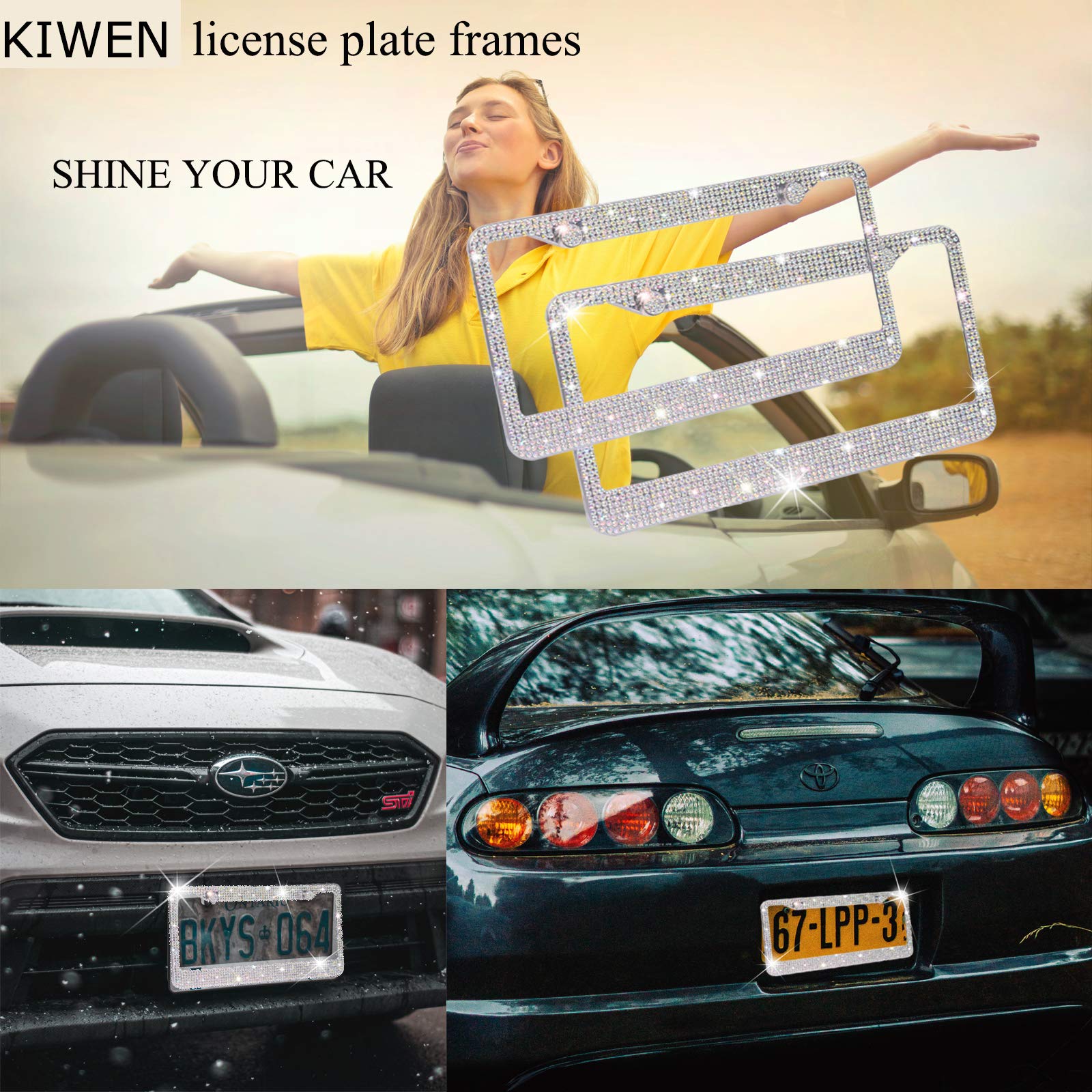 KIWEN Bling License Plate Frame - Rhinestone Stainless Steel, Colorful, 2 Pack with High-End Ribbon Gift Box