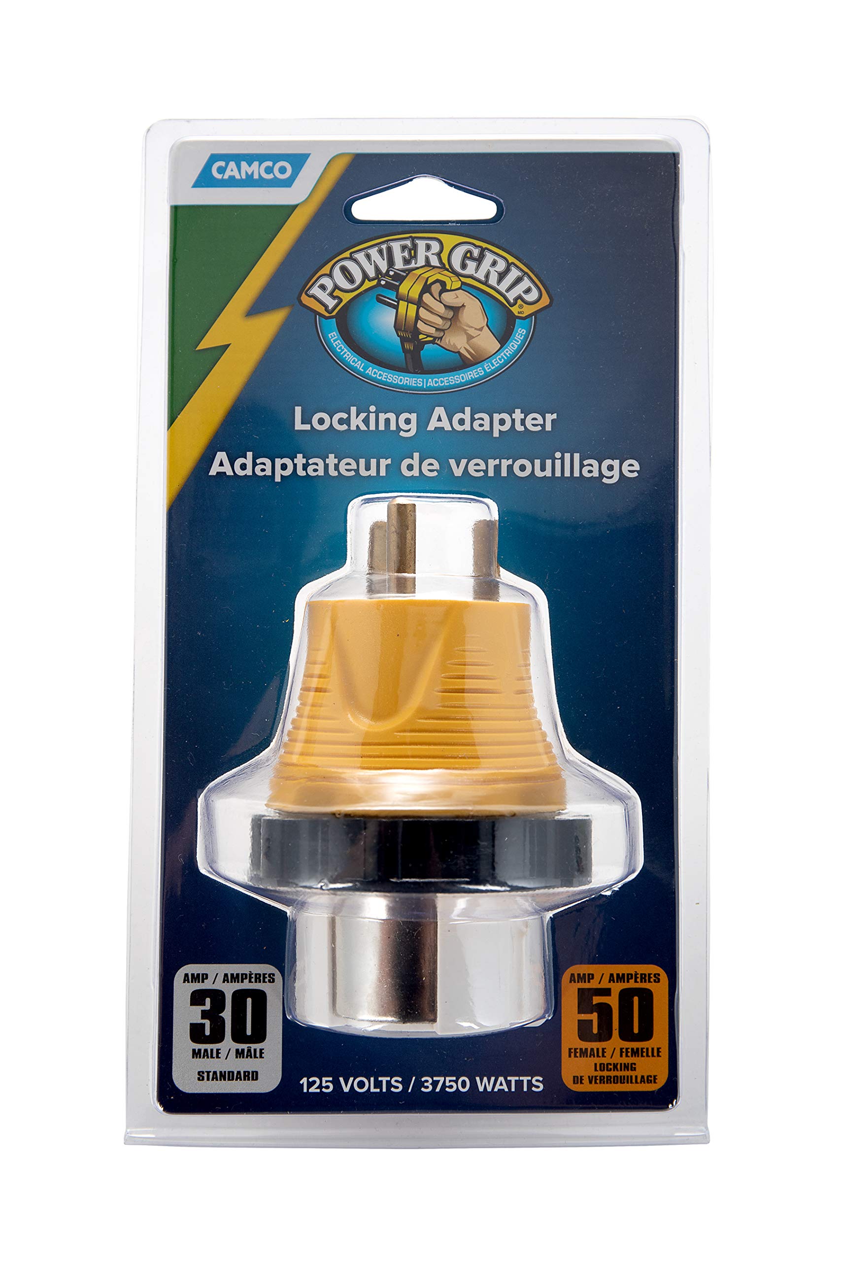 Camco Power Grip Camper/RV 30A-50A Locking Adapter | Compatible with 50-Amp Locking Plugs | Weatherproof Connection | 125 Volt / 3750 Watt (55643)