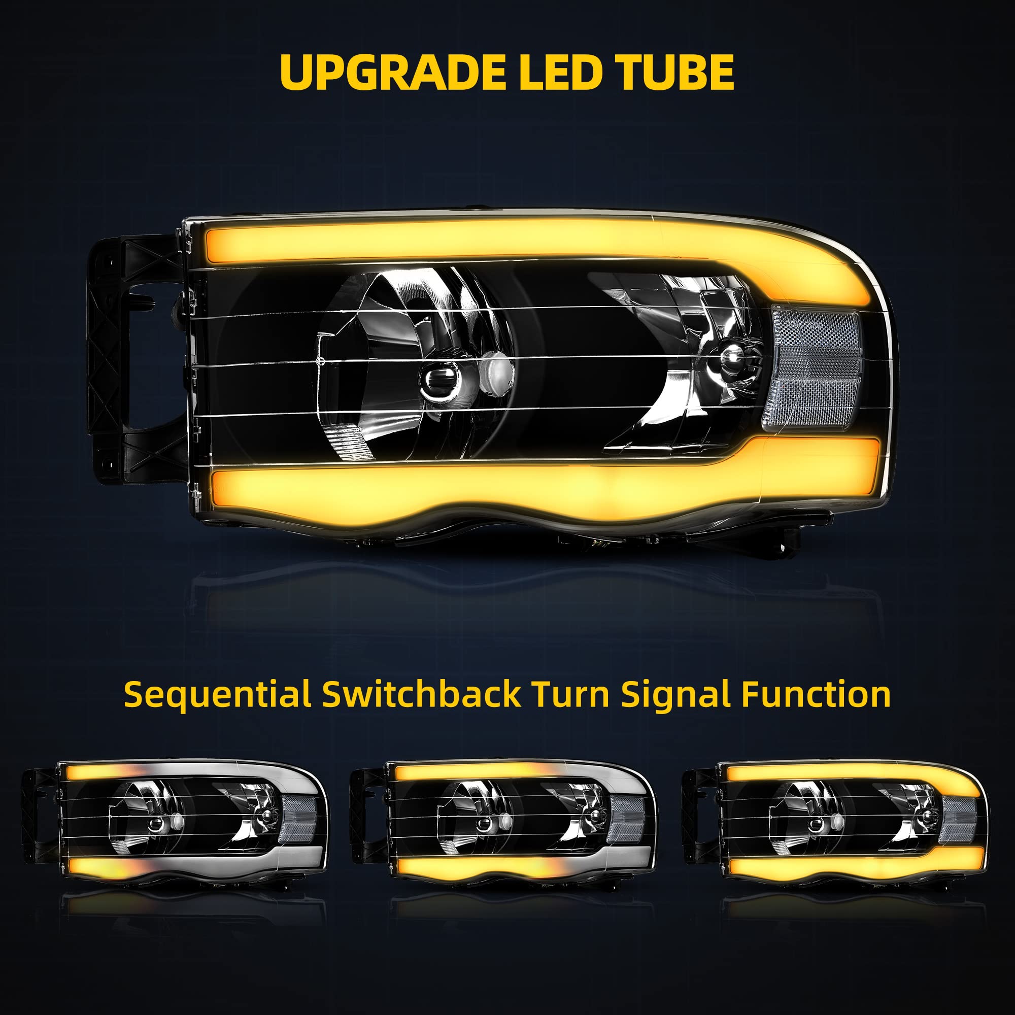 Dwvo Headlight Assembly Compatible With 2002 2003 2004 2005 Dodge Ram 1500/2003 2004 2005 Dodge Ram 2500 3500 Pickup Switchback