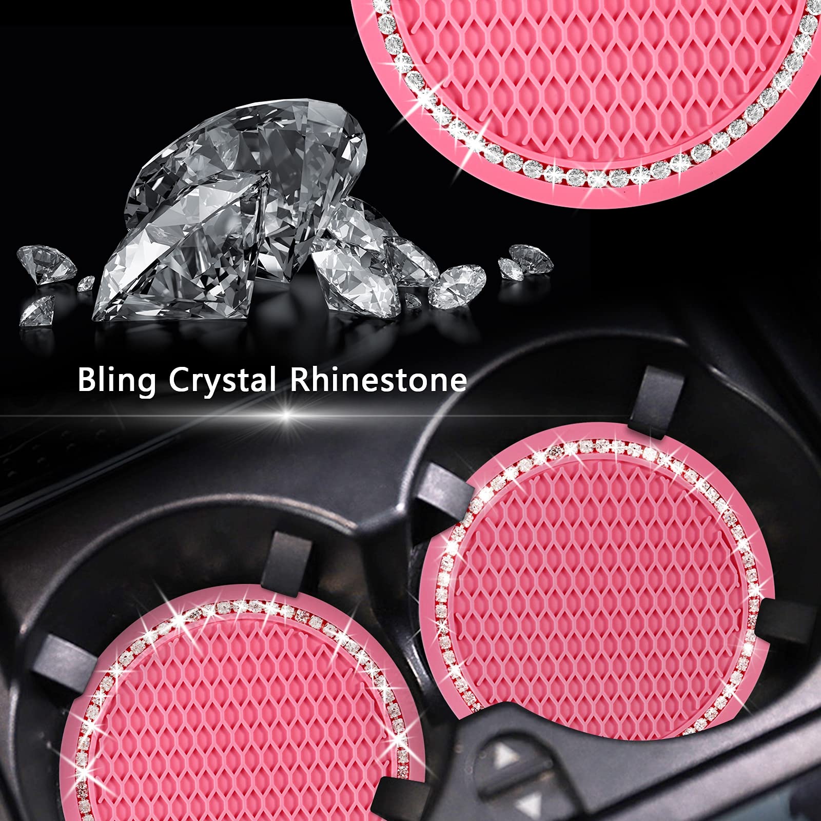 4Pcs Bling Car Cup Coaster, 2.75 Inch Auto Car Cup Holder Insert Coasters Silicone Anti-Slip Crystal Rhinestone Drink Car Cup Mat, Universal Vehicle Interior Accessories For Women Girls (Pink)