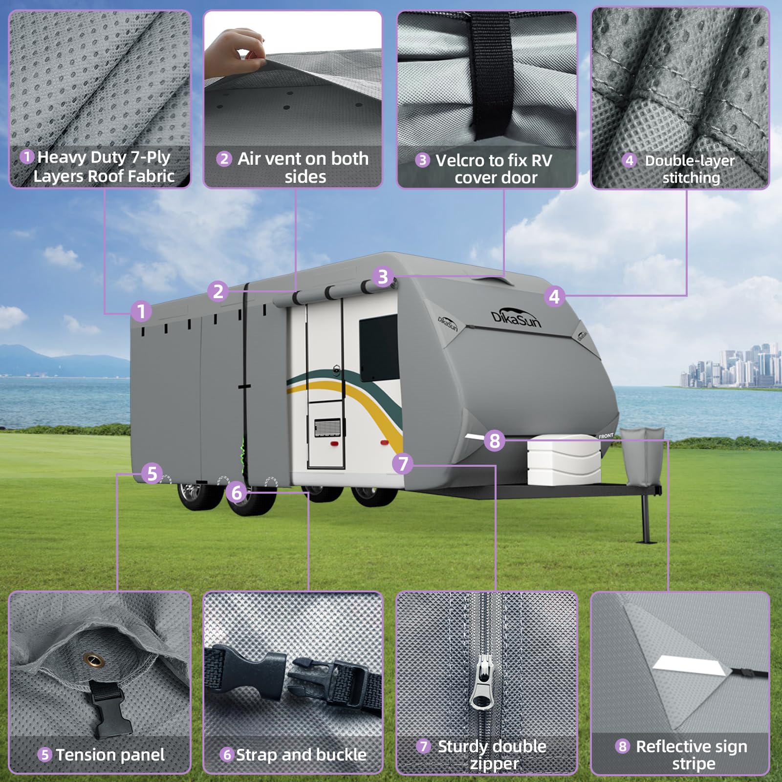 DikaSun RV Cover - 7 Layers Waterproof Travel Trailer Cover 22-24 ft - DK1 - Fits Toy Hauler with Tongue Jack & Gutter Covers