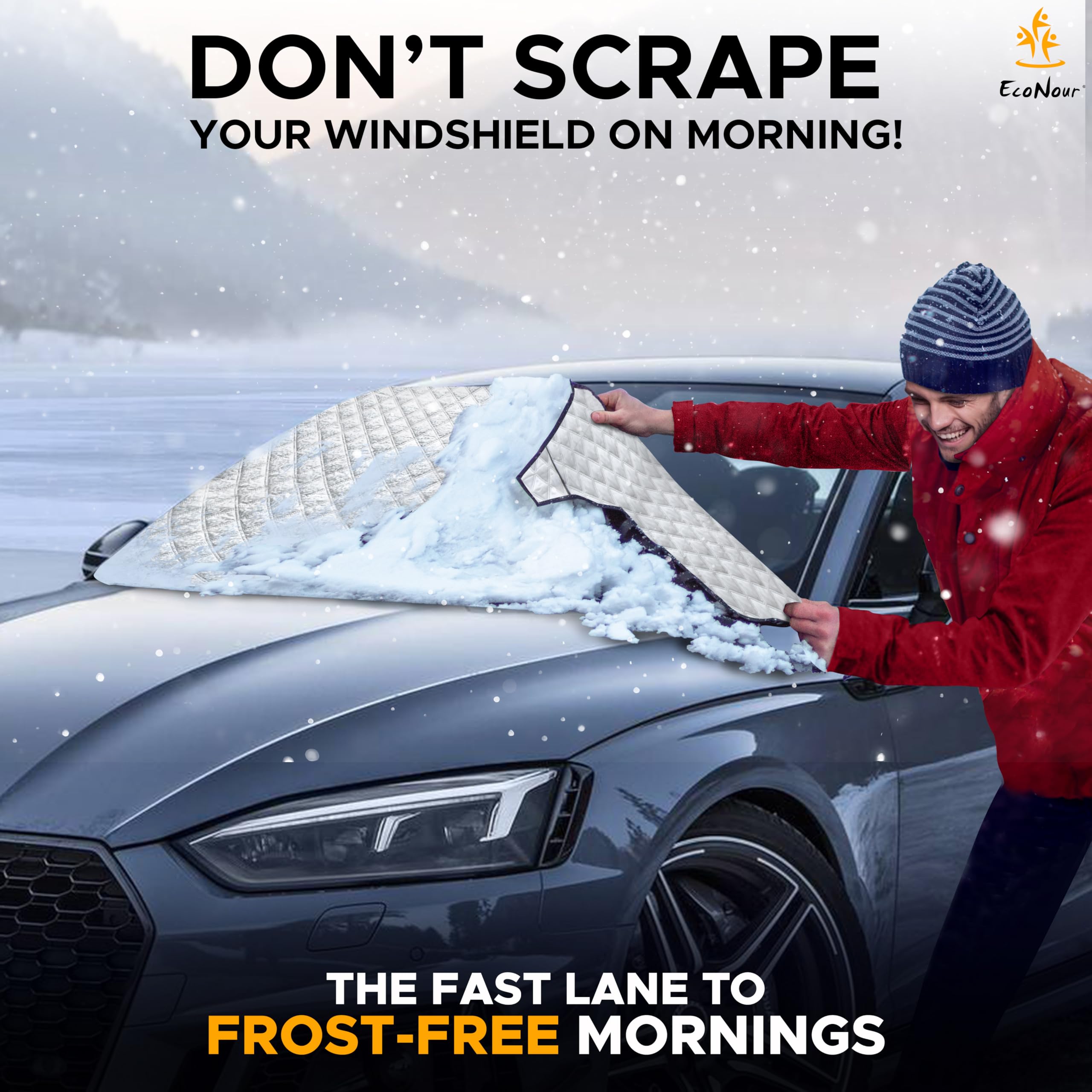 Econour Car Windshield Snow Cover - Ice Windshield Cover With 4 Layers Thickness, Snow Protection Cover, Easy To Use, [Universal