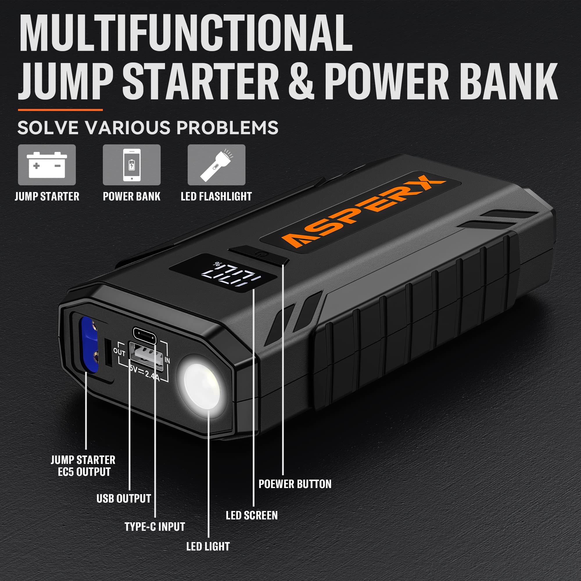 ASPERX Car Jump Starter, 2000A Peak Battery Jump Starter for Up to 7.0L Gas or 5.5L Diesel Engine, 12V Portable Battery Starter
