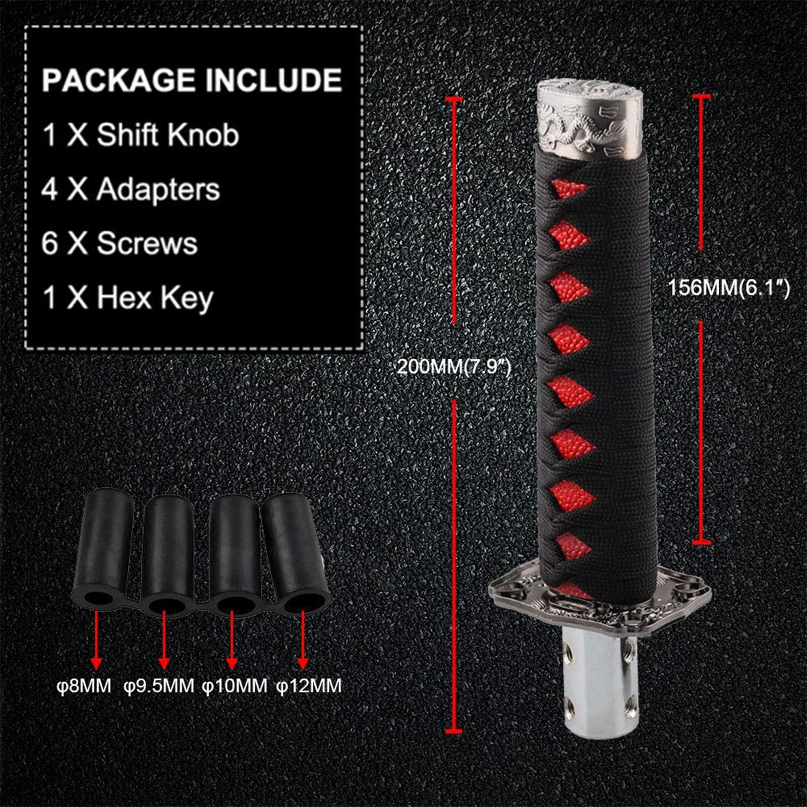Ryanstar Katana Shift Knob Samurai Sword Gear Shifter With 4 Adapters Universal Fit Compatible With Manual Cars Most Automatic Cars With 4 Adapters Black+Red