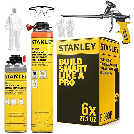 STANLEY Supercoat Spray Foam Insulation Kit - Closed Cell Spray Foam Covers Up to 120 Sq.Ft. - Including Gun, Cleaner, Safety It