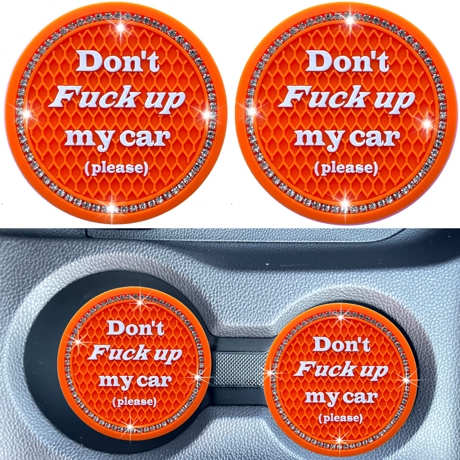 Smeyta Car Cup Coaster 2 Pack, Universal Cup Holder Inserts, Bling Car Accessories Interior (Orange, 2Pc)