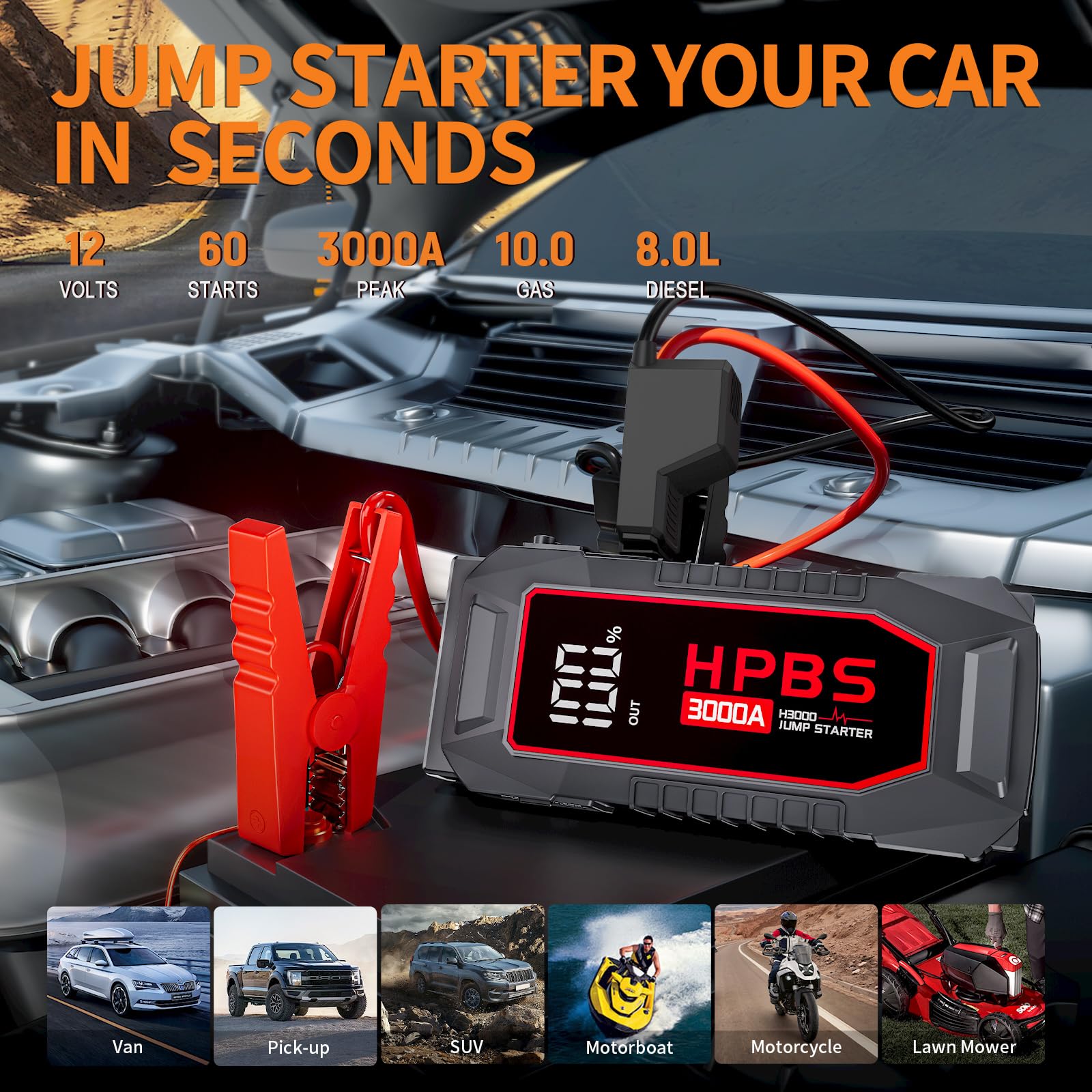 Hpbs Jump Starter - 3000A Car Battery Jump Starter For Up To 10L Gas And 8L Diesel Engines, 12V Portable Battery Jump Starter Bo