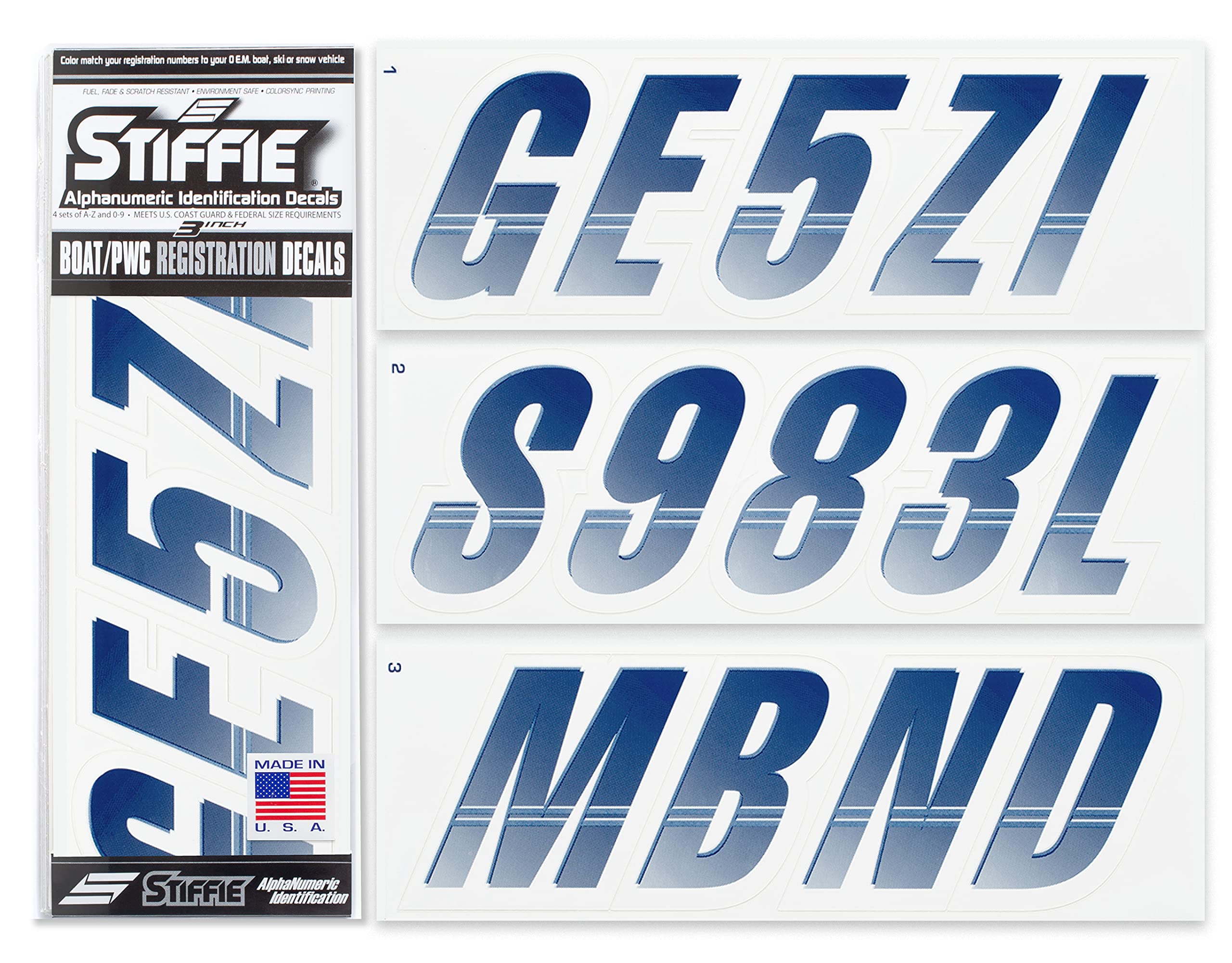 Stiffie Techtron Navy/White 3 '' Boat & Pwc Registration Decals  Numbers Letters Stickers