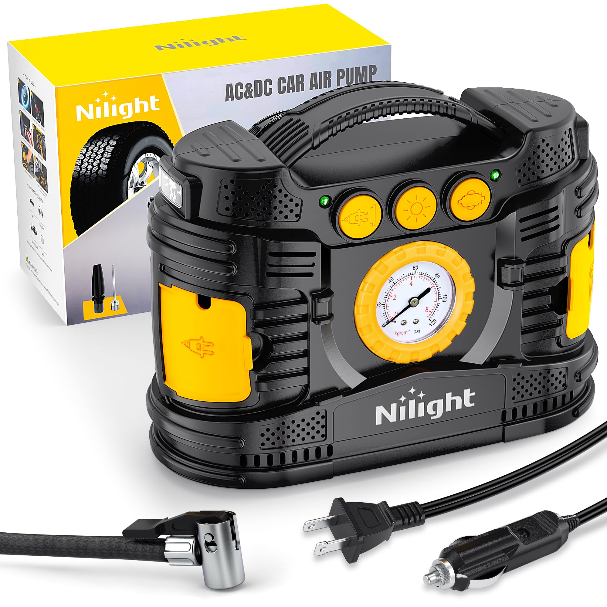 Nilight Tire Inflator Portable Air Compressor Dual Power For Car 12V Dc Home 110V Ac Tire Pump W/Analog Pressure Gauge Fast Infl