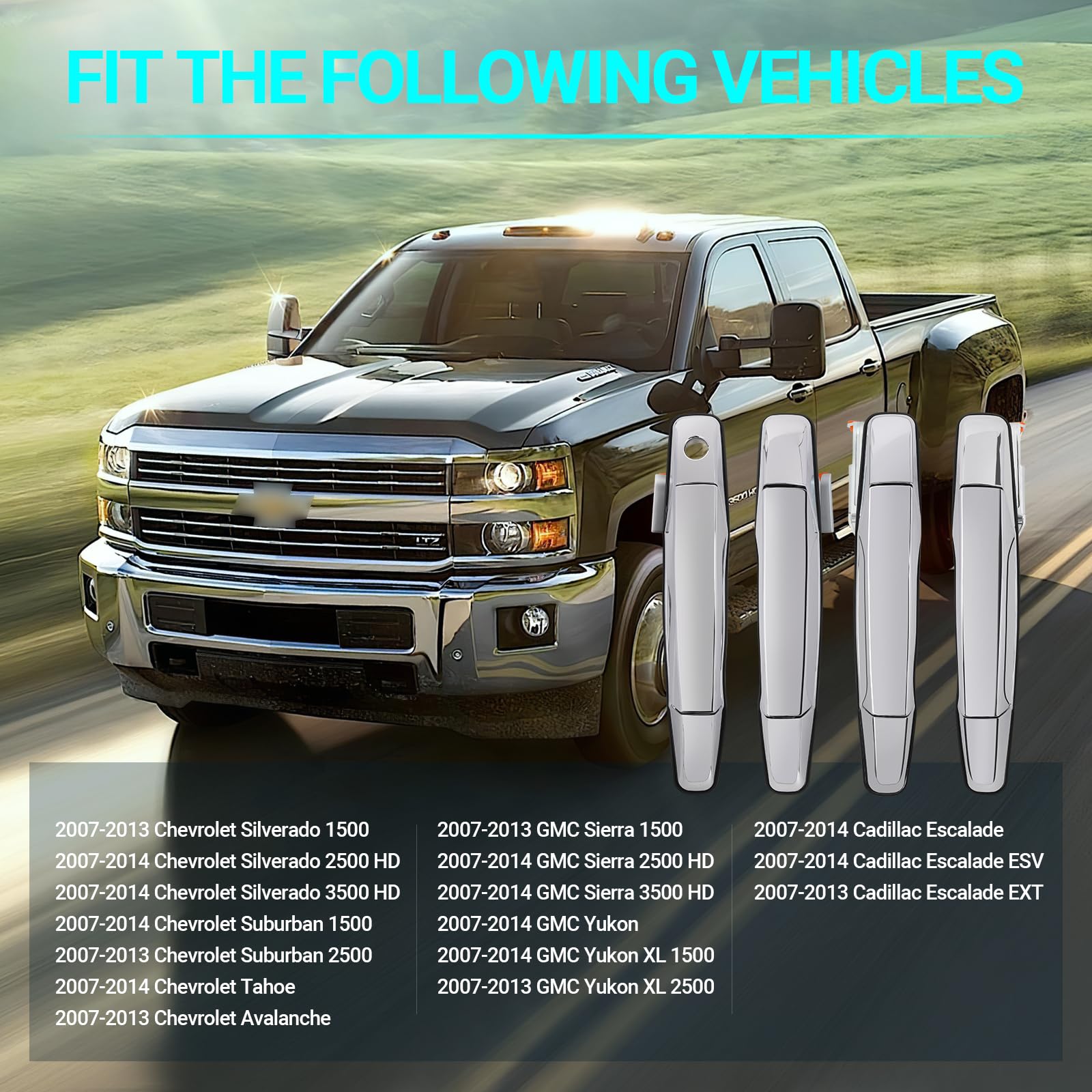 Exterior Chrome Door Handle - Compatible With 2007-2013 Chevy Avalanche, Silverado, Suburban, Tahoe, Gmc Sierra, Yukon, Cadillac Escalade Pickup Truck Suv - 4 Pcs Front Rear Driver & Passenger Side