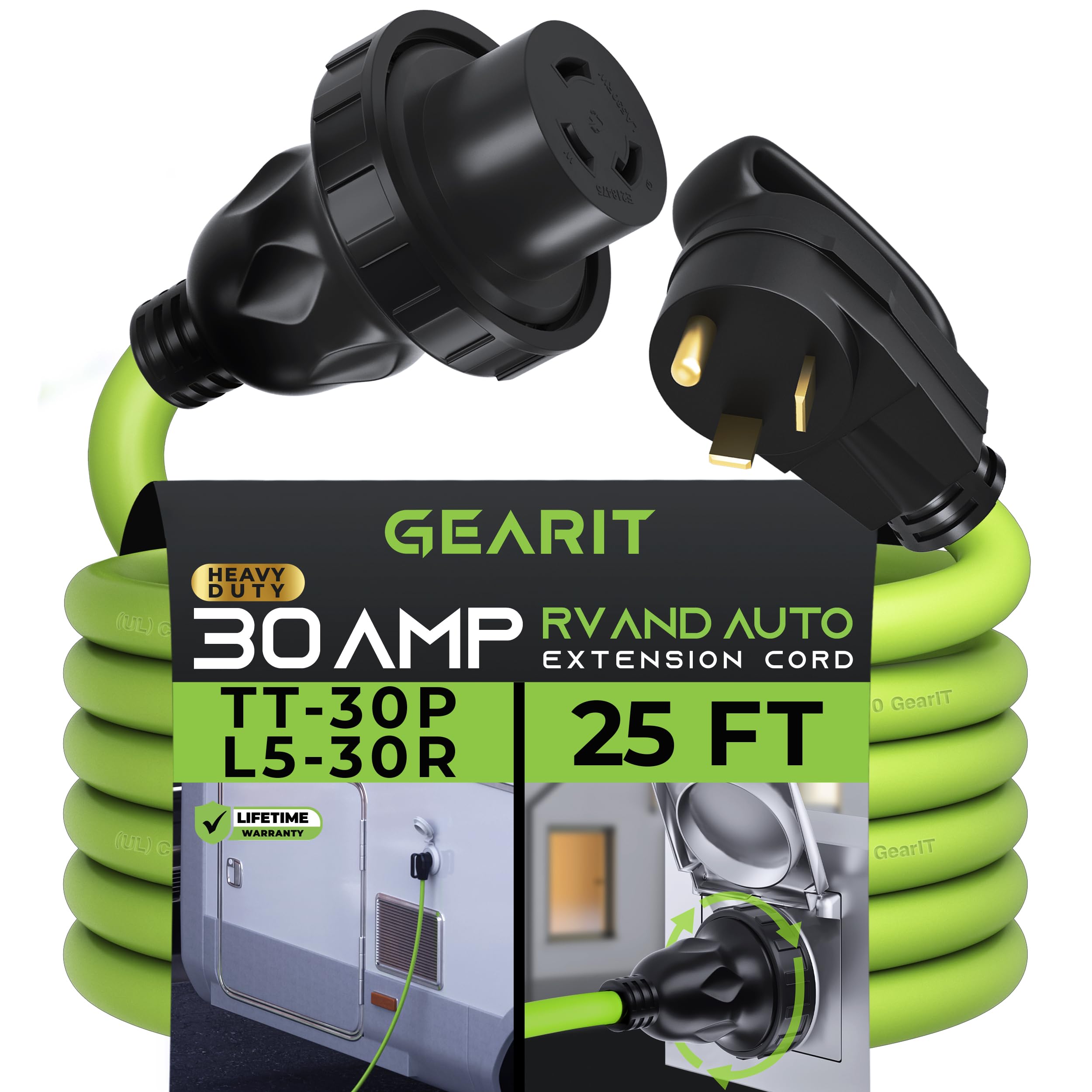 Gearit 30-Amp Extension Cord For Rv And Auto, 125-Volt, 3-Prong, 10/3 Stw 10Awg Gauge 3C, Nema Tt-30P To L5-30R - Twist Locking 