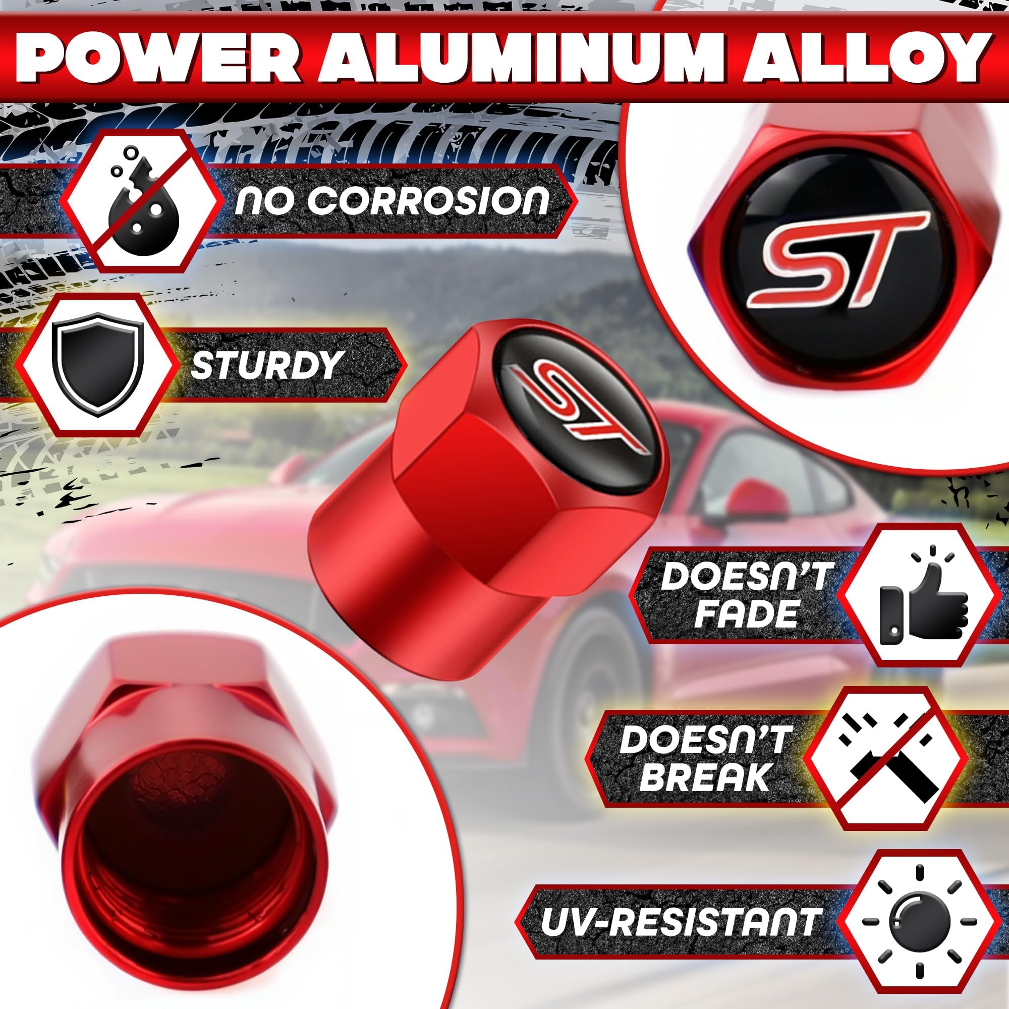 4Pcs St Logo Metal Tire Valve Stem Caps With Rubber O-Rings - Fits Ford St Models | Durable Metal Alloy, Corrosion-Resistant, Un