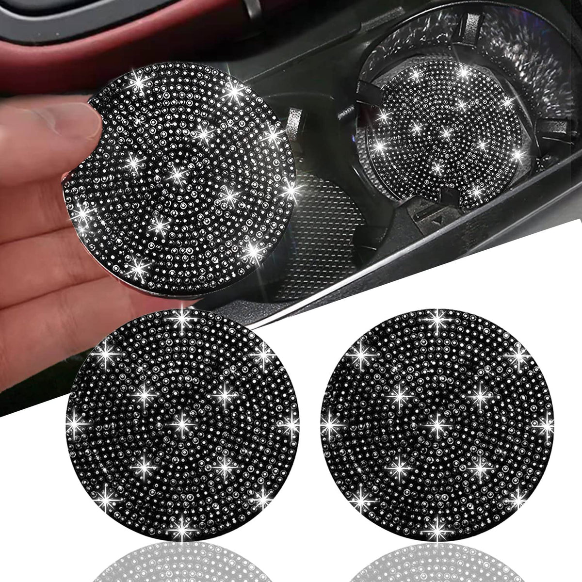 2Pcs Bling Car Cup Holder Coaster, 2.75 Inch Anti-Slip Shockproof Universal Fashion Vehicle Car Coasters Insert Bling Crystal Rh