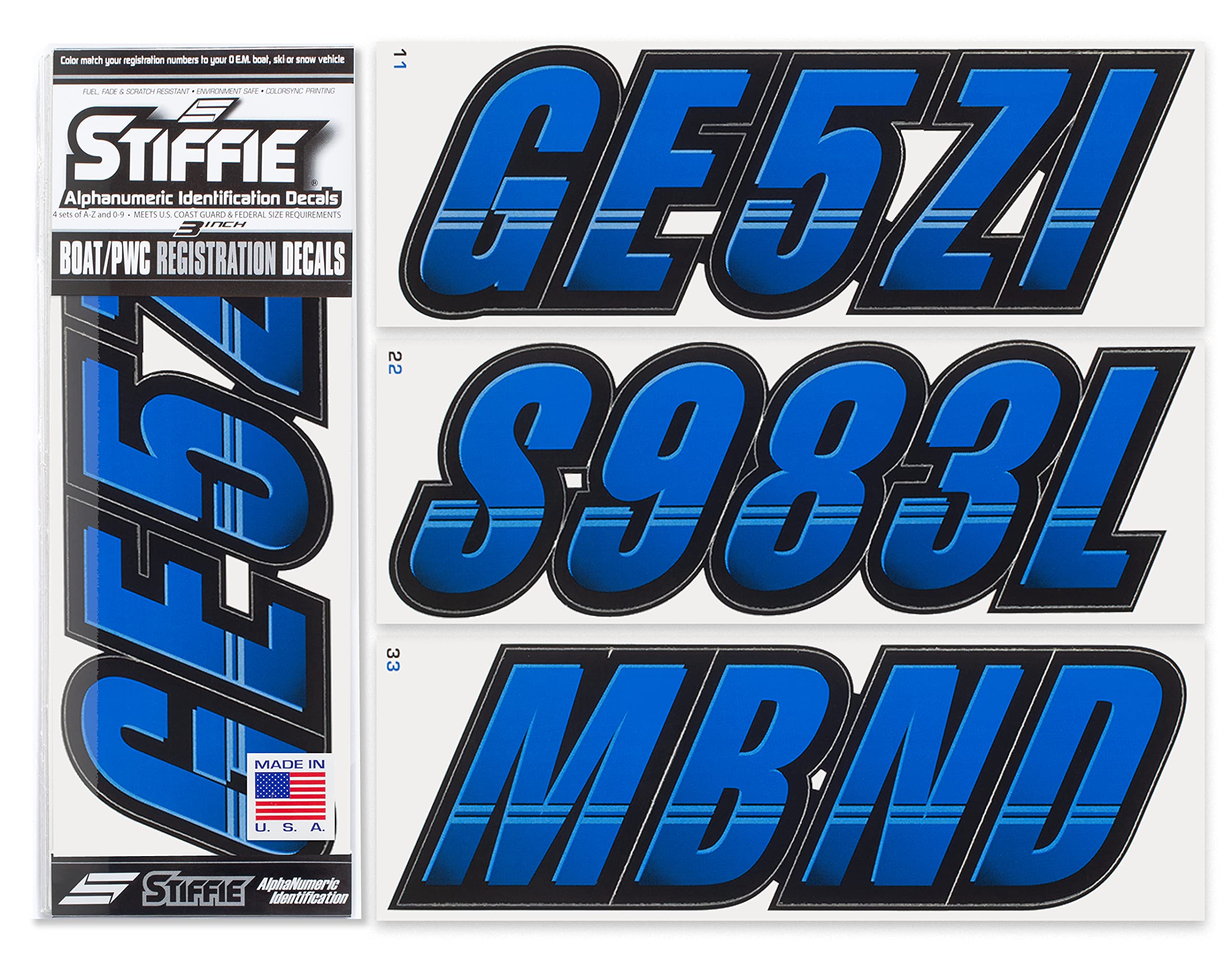 Stiffie Techtron Blue/Black 3 '' Boat & Pwc Registration Decals  Numbers Letters Stickers