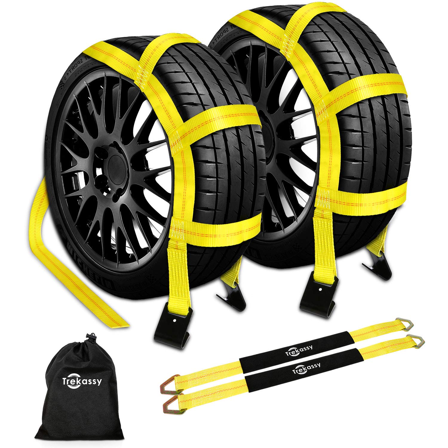 Trekassy Tow Dolly Straps For Car With Flat Hooks-2 Pack, Heavy Duty Car Tire Bonnet Net Fits 14''-17'' Tires, 10, 000 Lbs Break