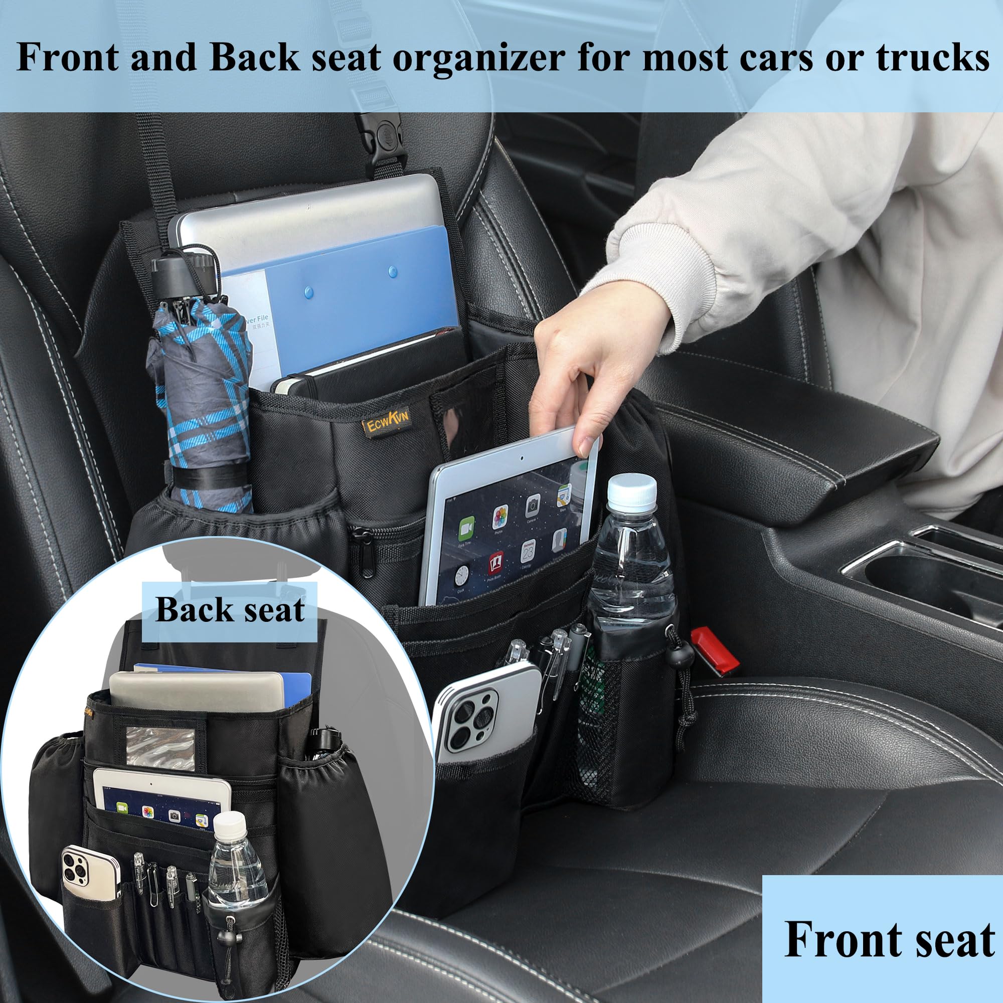 ECWKVN Front Seat Organizer - Black Passenger Seat File Organizer with Laptop Holder & Cup Holder for Cars, Ideal for Law Enforcement