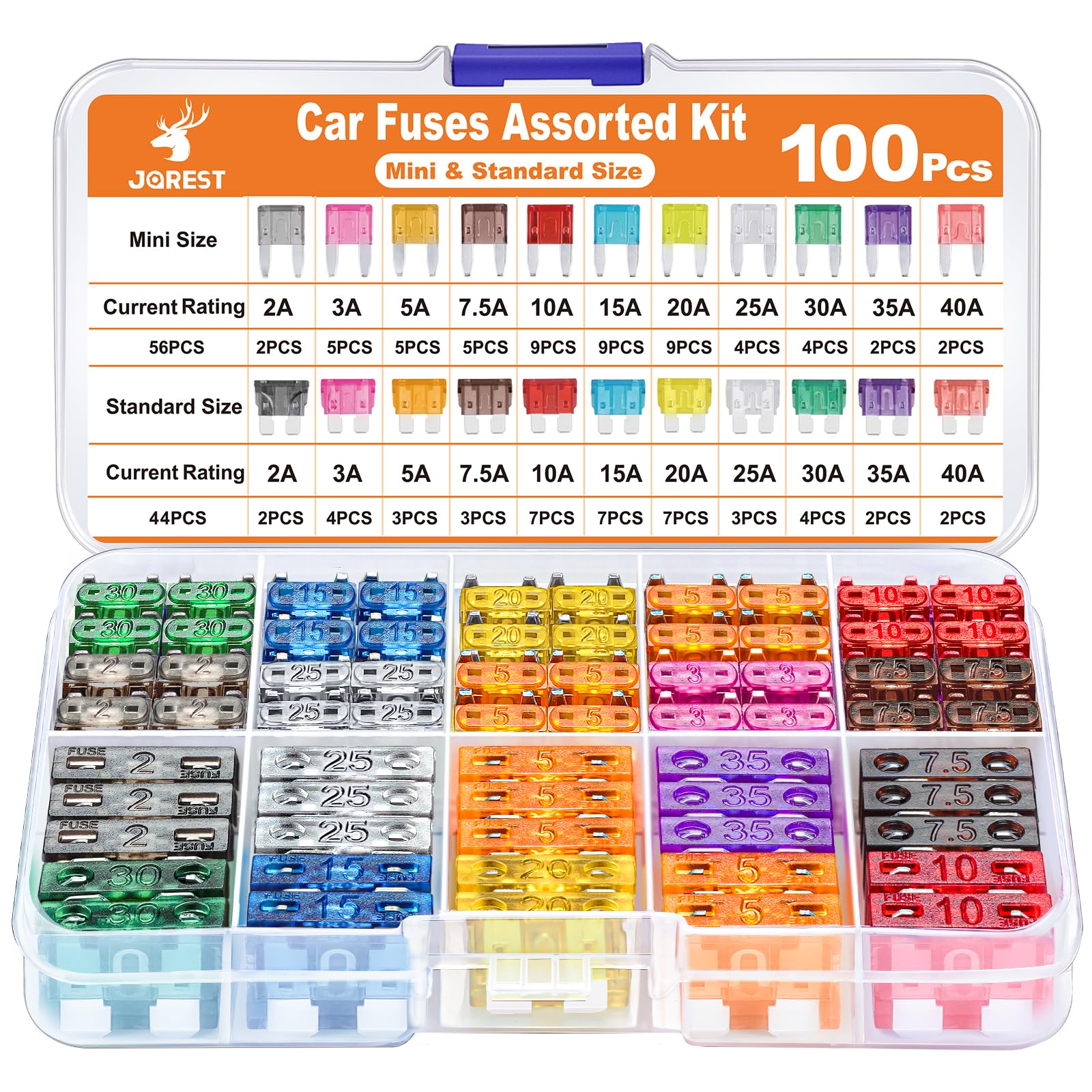 Jorest 100Pcs Car Fuse Assortment Kit, 56 Mini Blade Fuses Automotive + 44 Standard Auto Fuses + 1 Fuse Puller - For Car/Rv/Truc