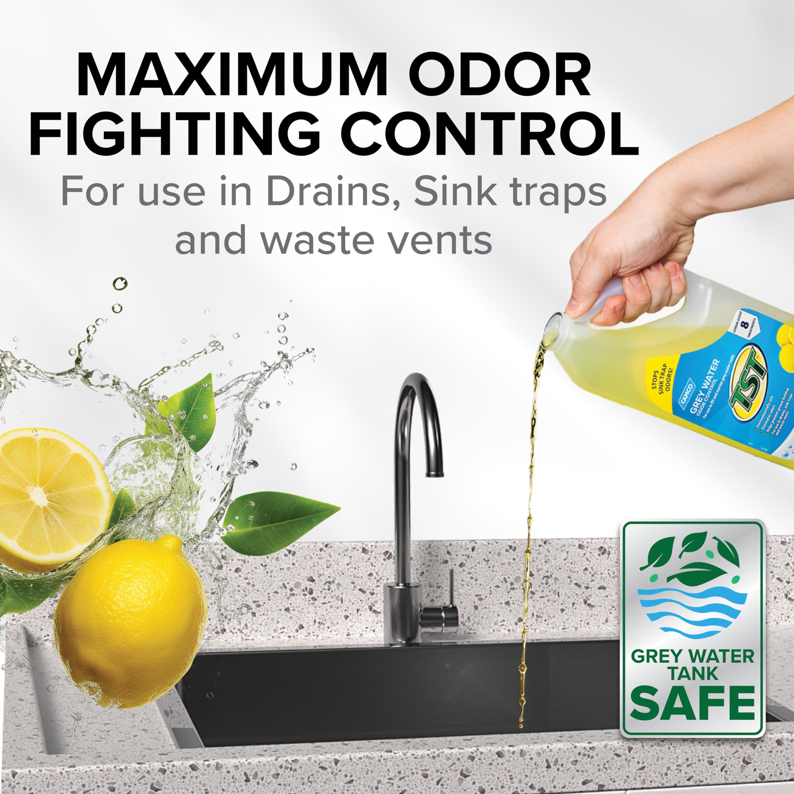Camco TST Camper/RV Grey Water Odor Control - Features Septic Safe Biodegradable Formula - Removes Grease Build-Up in Black Water Tank, Sink & Shower Drains - Fresh Lemon Scent, 32-oz Bottle (40252)