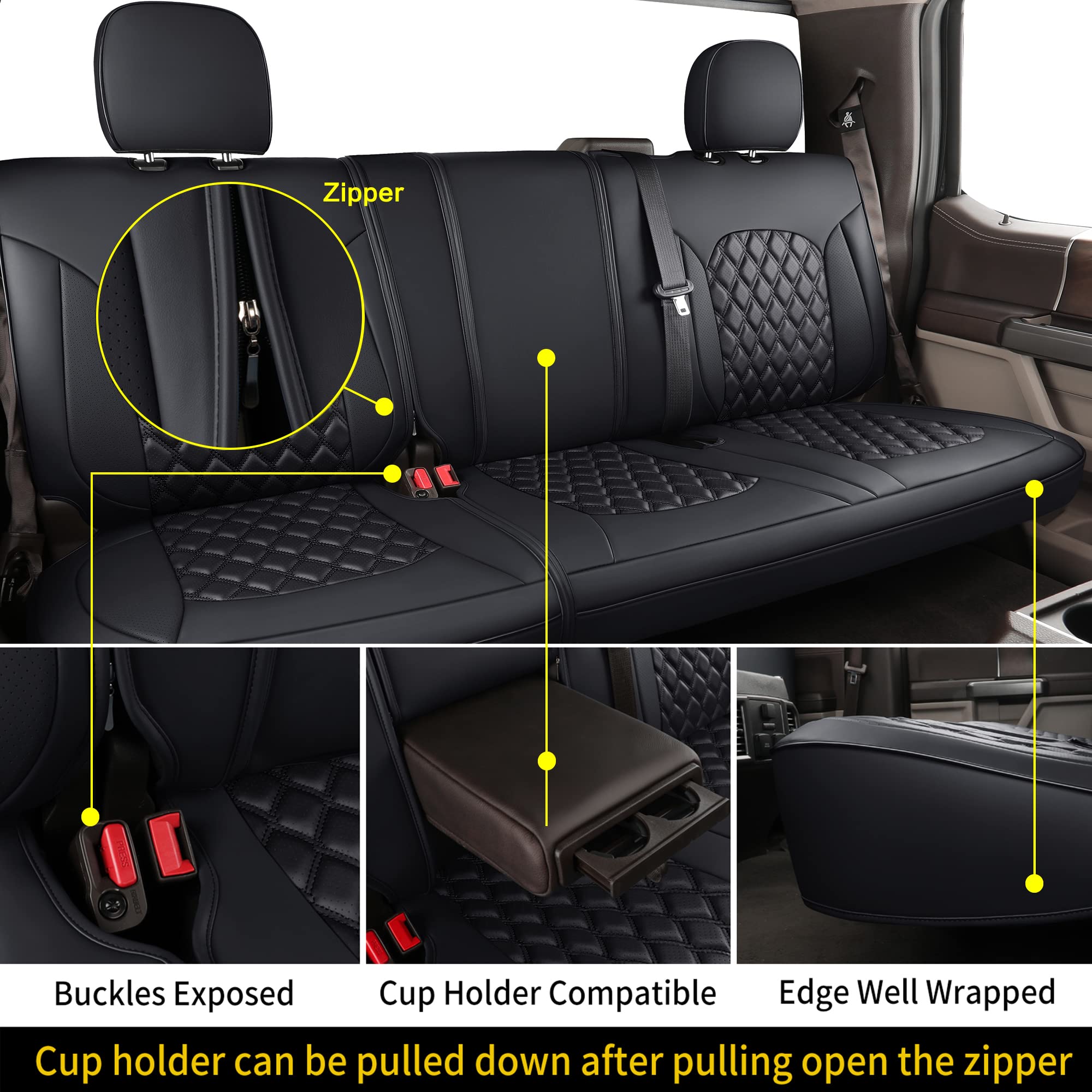 Huidasource Ford Seat Covers, Leather Pickup Seat Cushion Cover Fit for 2015-2024 Ford F150 SuperCrew & 2017-2024 F250 F350 F450