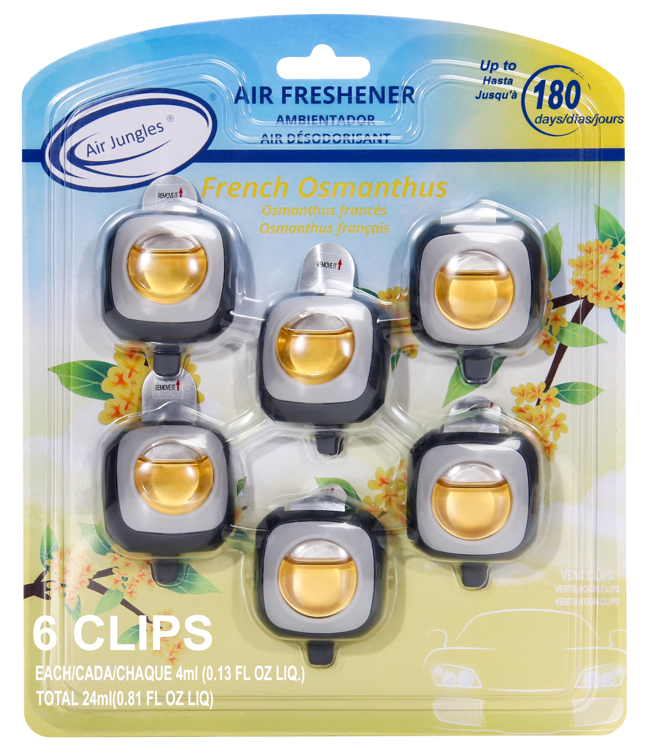 Air Jungles French Osmanthus Scent Car Air Freshener Clip, 6 Vent Clips, 4Ml Each, Long Lasting Air Freshener, Up To 180 Days Ca