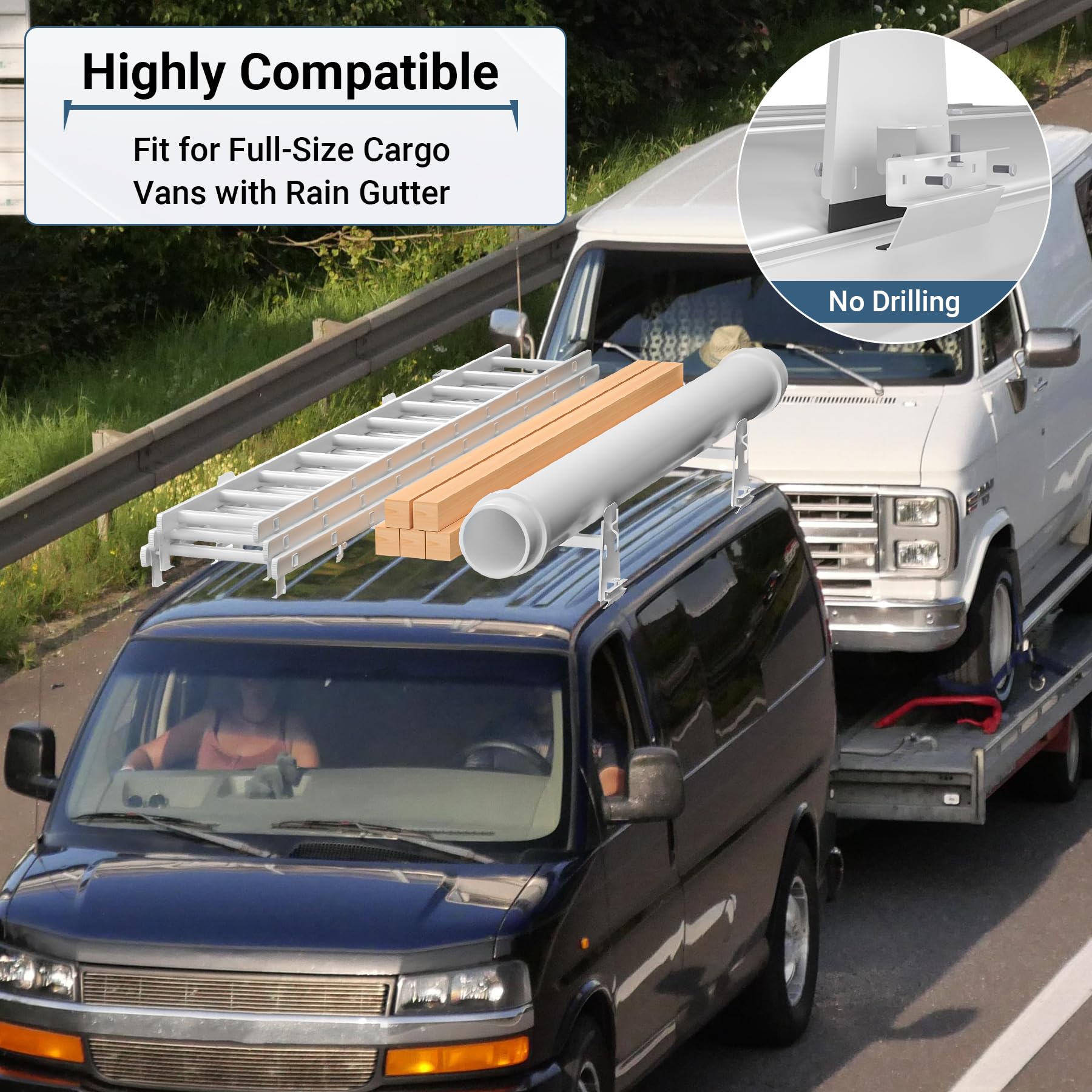 Neorexon Van Roof Ladder Rack 2 Bar Set, Adjustable Length 41.5''- 70'', Universal Van Roof Rack Fit for Chevy Express 1500 2500