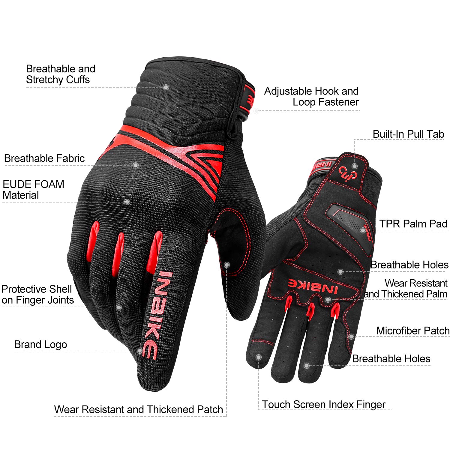 Inbike Breathable Mesh Motorcycle Gloves Touchscreen With Tpr Palm Pad Hard Knuckles Black Red Small