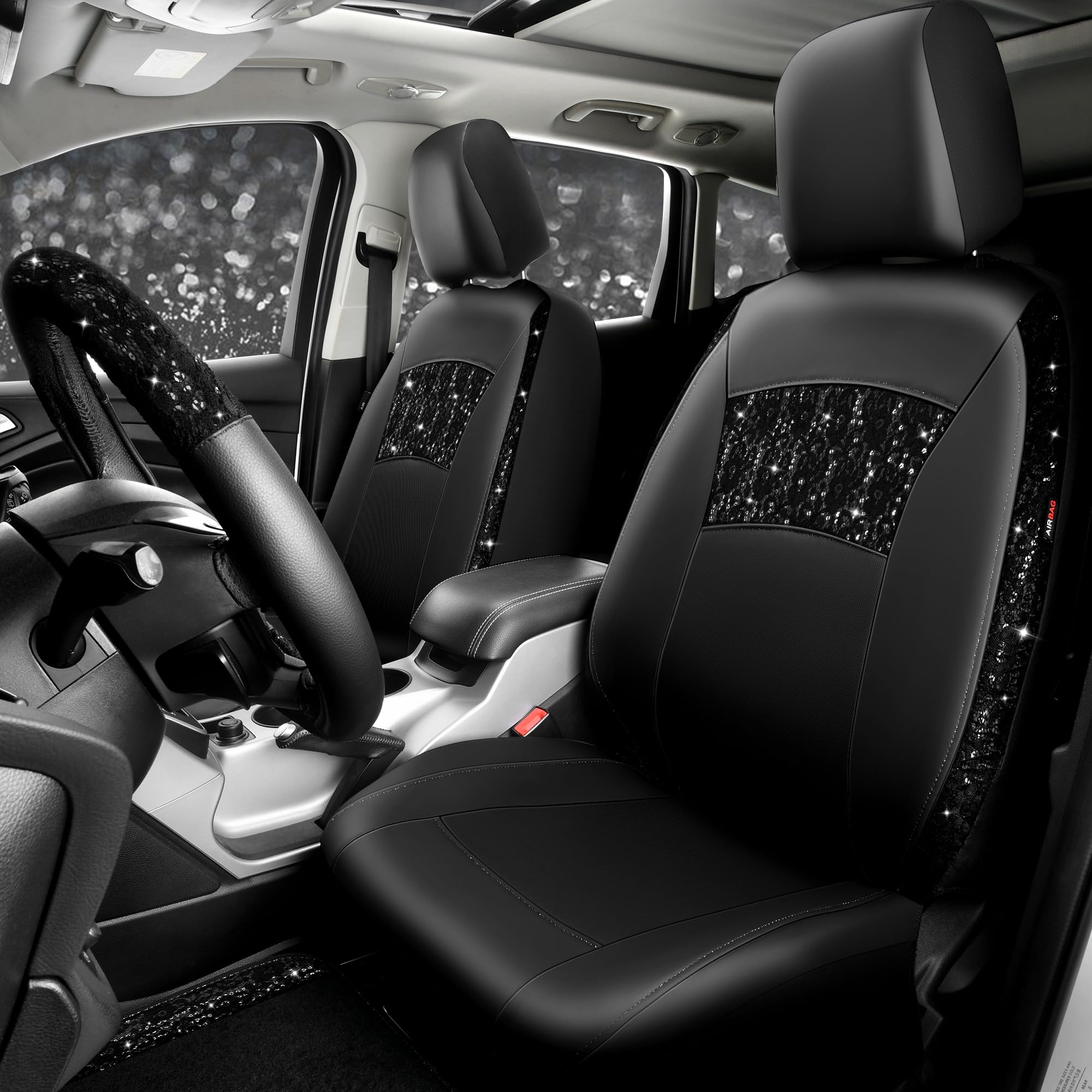 Car Pass Universal Black Leather Lace Car Seat Covers Full Set For Women Girls,Waterproof Car Floor Mats Carpet,Glitter Steering