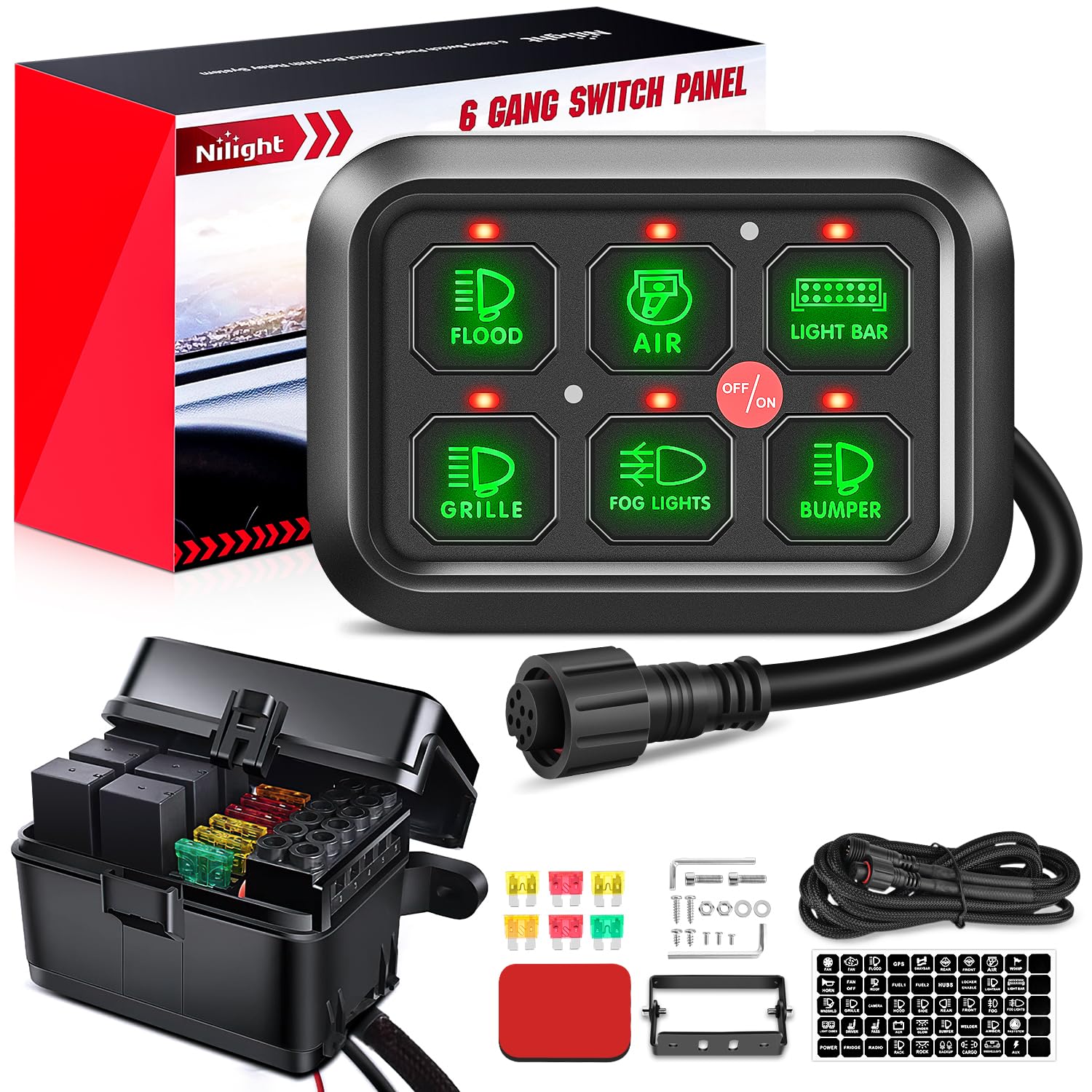 Nilight 6 Gang Switch Panel Universal Circuit Control Relay System With Fuse Wiring Harness Automatic Dimmable On-Off Led Switch