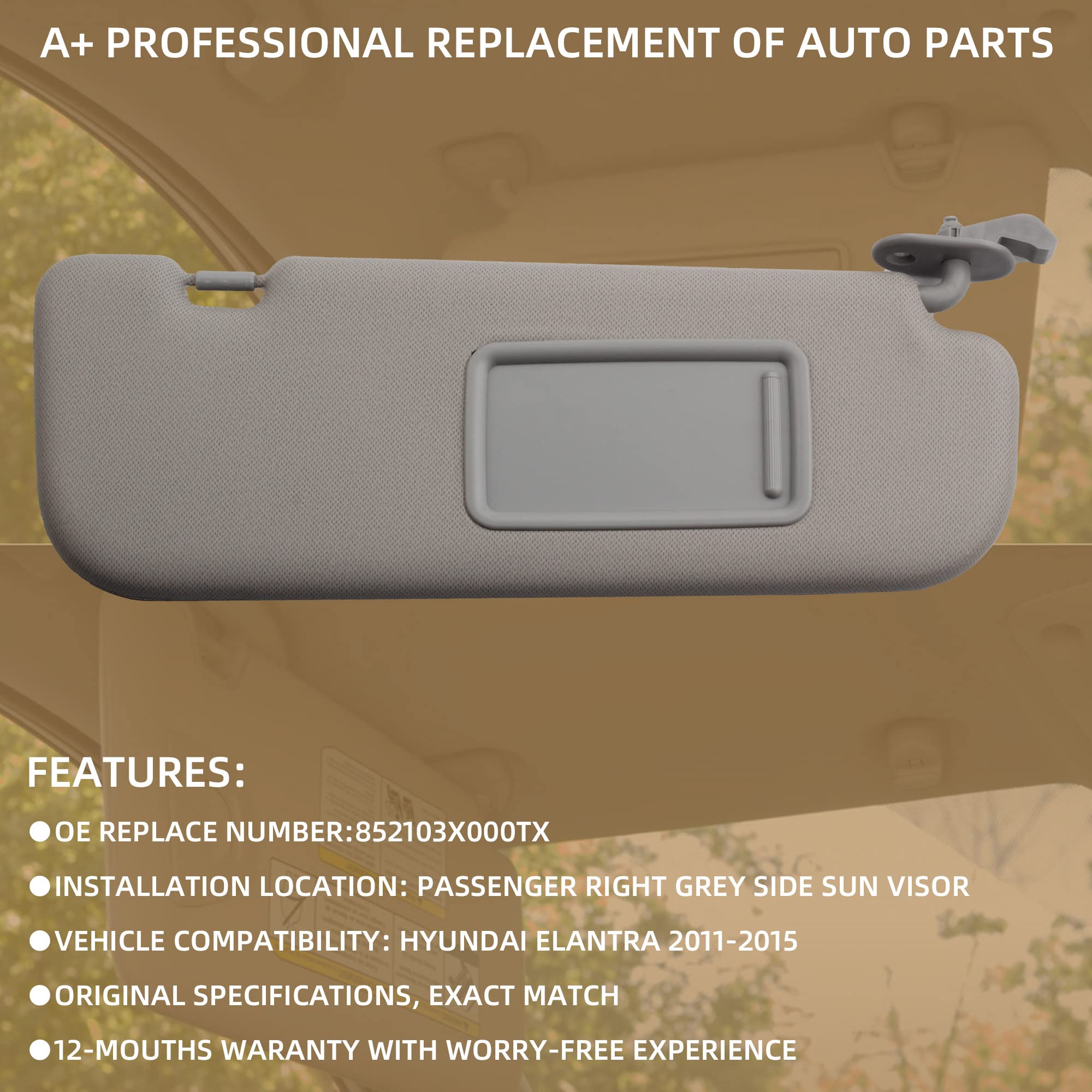 Dasbecan Gray Right Passenger Side Sun Visor Compatible With Hyundai Elantra 2011 2012 2013 2014 2015 Replaces# 852103X000Tx